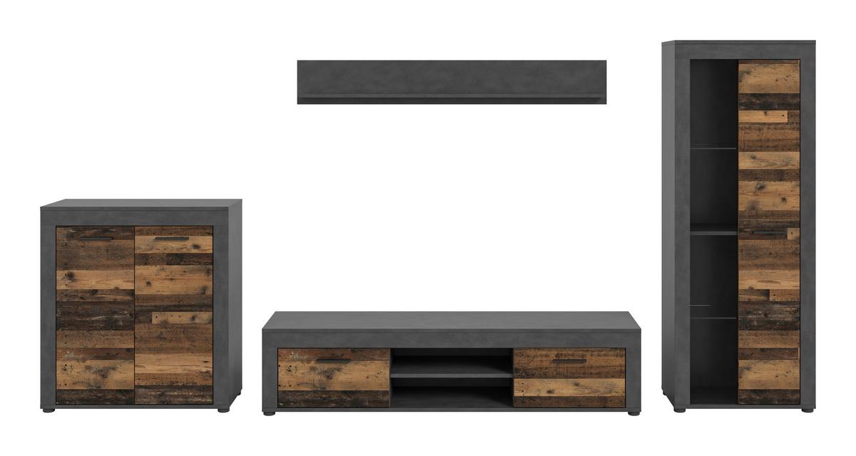 Wohnwand Jam Old Wood Dekor 4-teilig B: ca. 330 cm - Schwarz/Naturfarben, Design, Glas/Holzwerkstoff (330/159/35cm) - MID.YOU