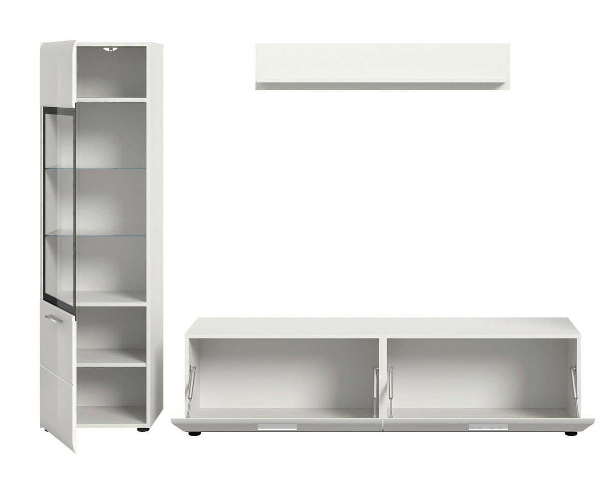 WOHNWAND Ice, Weis B: 220 cm - Weiß Hochglanz/Schwarz, Design, Glas/Holzwerkstoff (220/160/41cm) - Livetastic