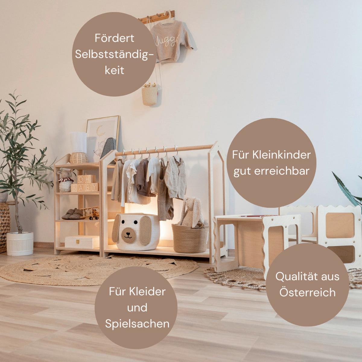 Montessori Garderobe für Kleinkinder - Birkefarben, Basics, Holz (124/43/81cm) - CLIFF