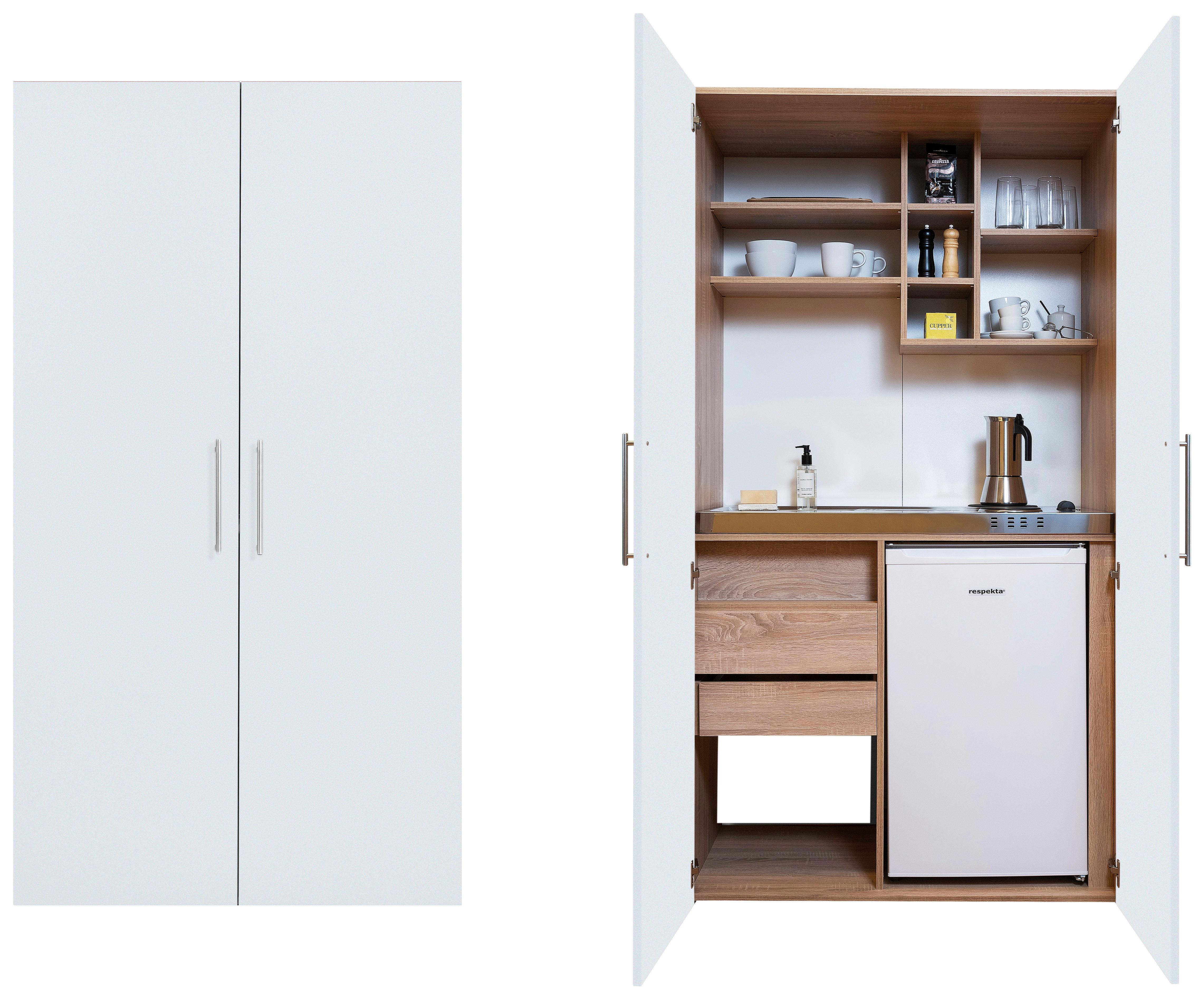 Schrankküche mit Kühlschrank + Kochfeld 104 cm Weiß - Edelstahlfarben/Eichefarben, KONVENTIONELL, Holzwerkstoff/Metall (104/193/67cm) - Respekta