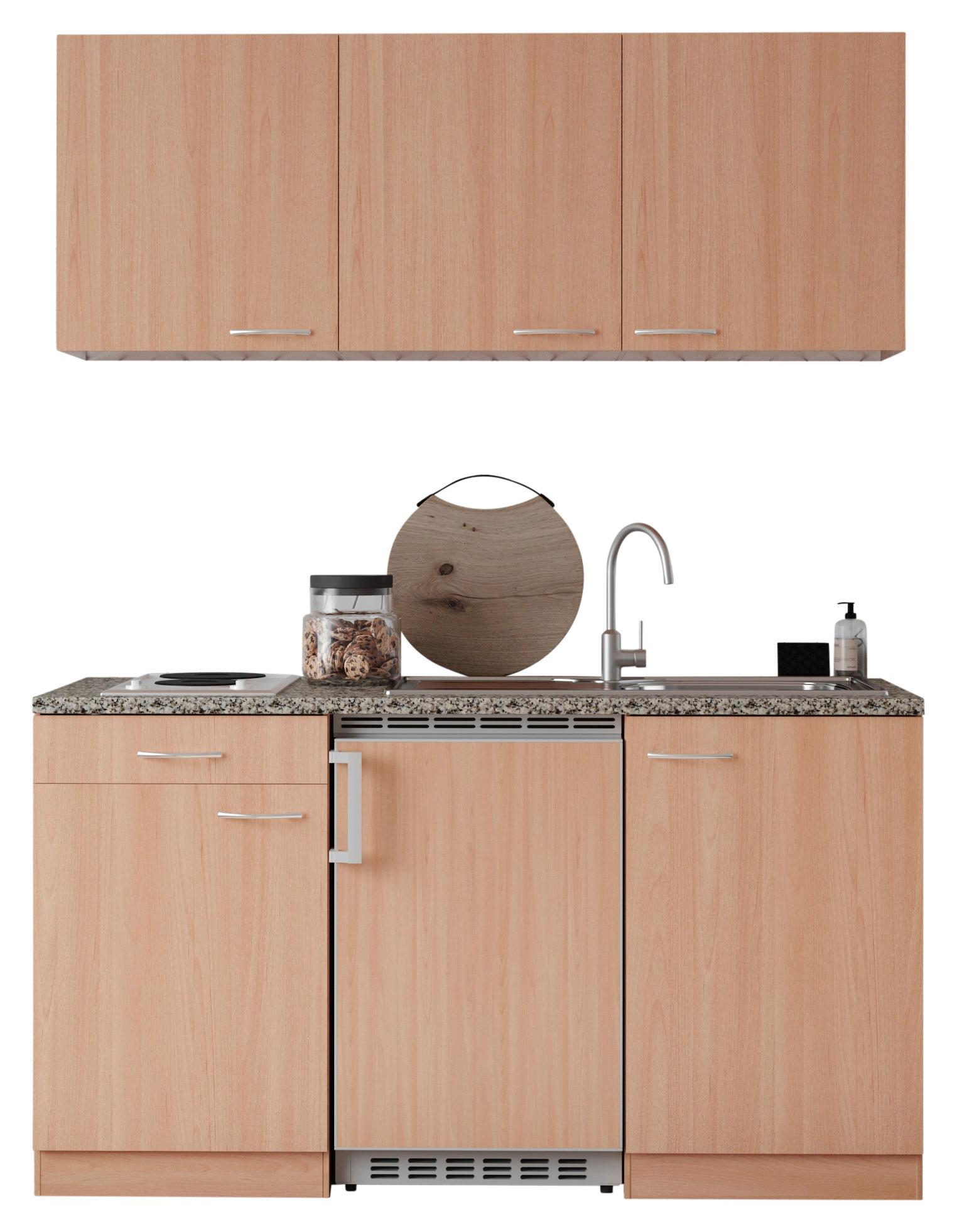 Küchenzeile mit Geräten 150 cm Buche Dekor/Steinoptik - Buchefarben/Grau, KONVENTIONELL, Holzwerkstoff (150cm) - Respekta