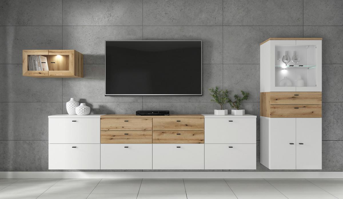 Wohnwand Sixty-Four Weiß/Eichefarben - Eichefarben/Schwarz, Trend, Holzwerkstoff (350/160/35cm)