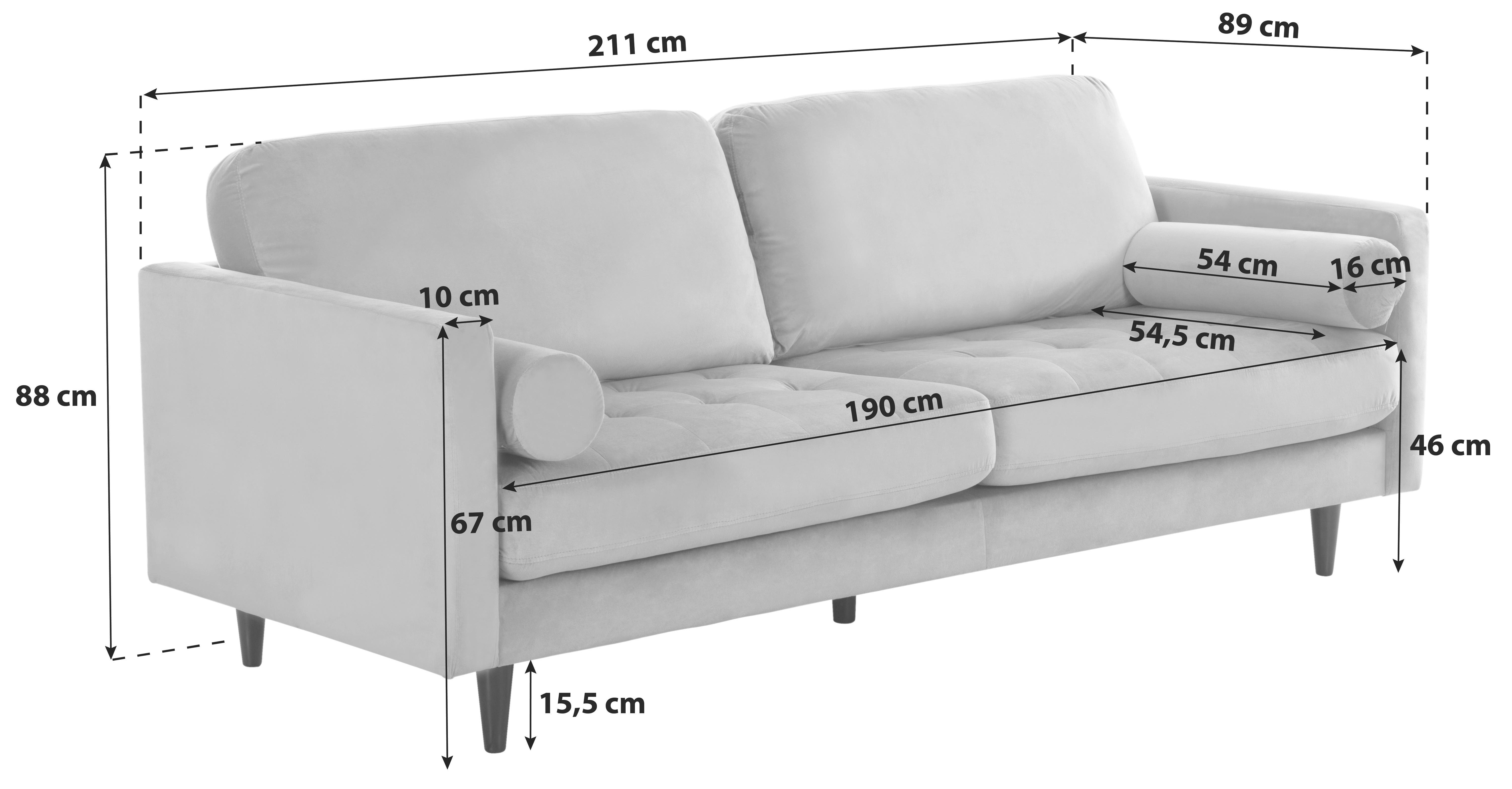 3-Sitzer-Sofa Janina Samt Grau - Schwarz/Grau, MODERN, Textil (211/88/89cm) - P & B