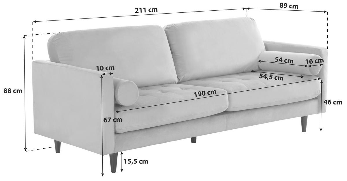 3-Sitzer-Sofa Janina Samt Grau - Schwarz/Grau, MODERN, Textil (211/88/89cm) - P & B