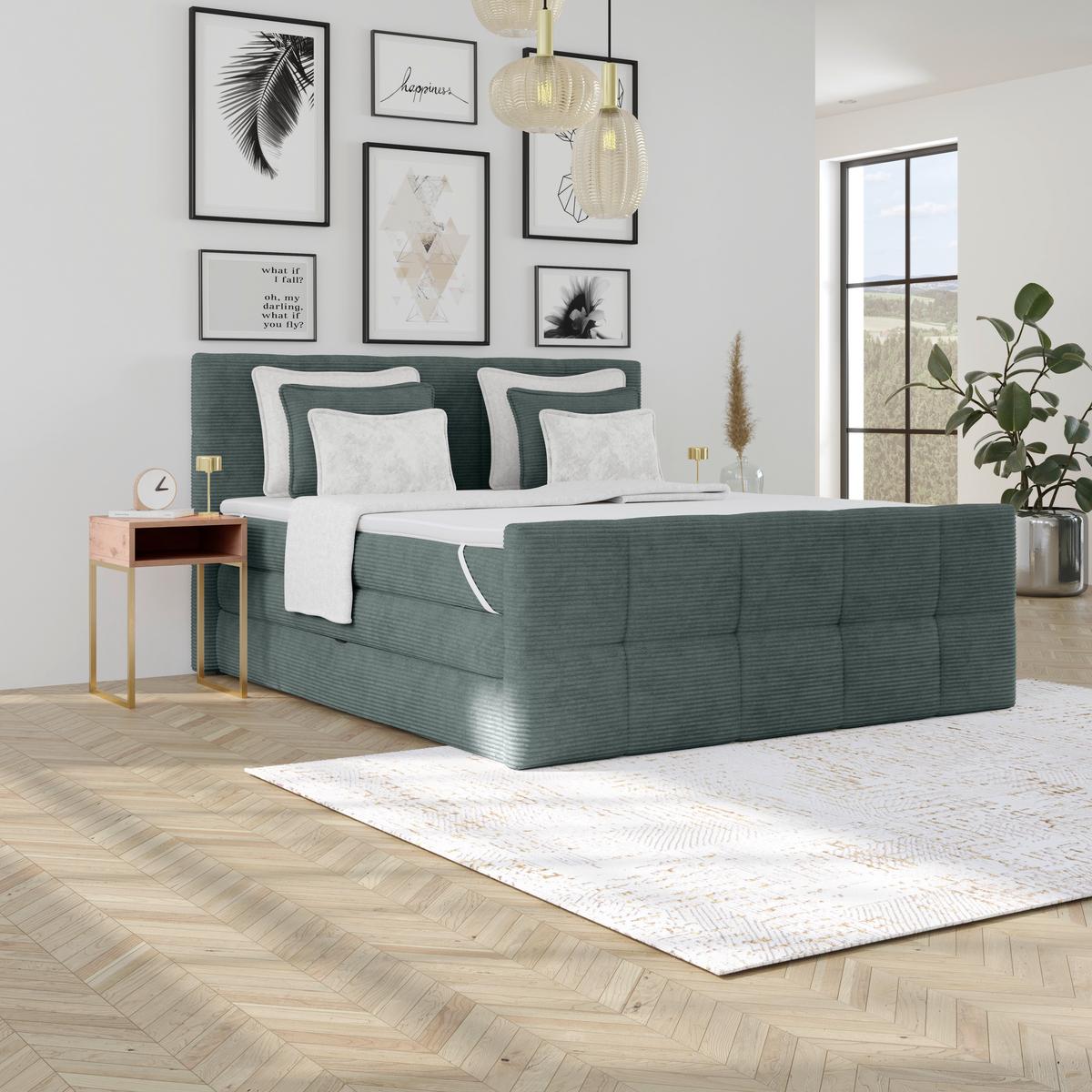 Boxspringbett mit Topper und Bettkasten 160x200 Medino - Blaugrau, KONVENTIONELL, Holz/Holzwerkstoff (160/200cm)