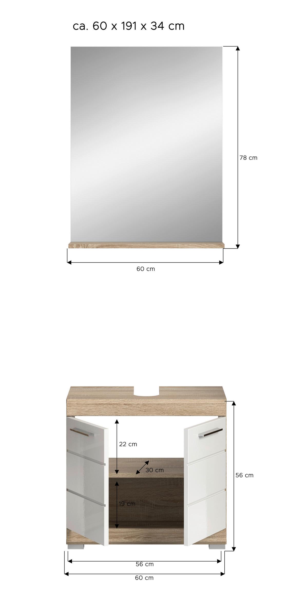 Badezimmer Lambada Eiche Dekor/weiß B: 60 Cm - Weiß Hochglanz/Silberfarben, MODERN, Glas/Holzwerkstoff (60cm) - MID.YOU