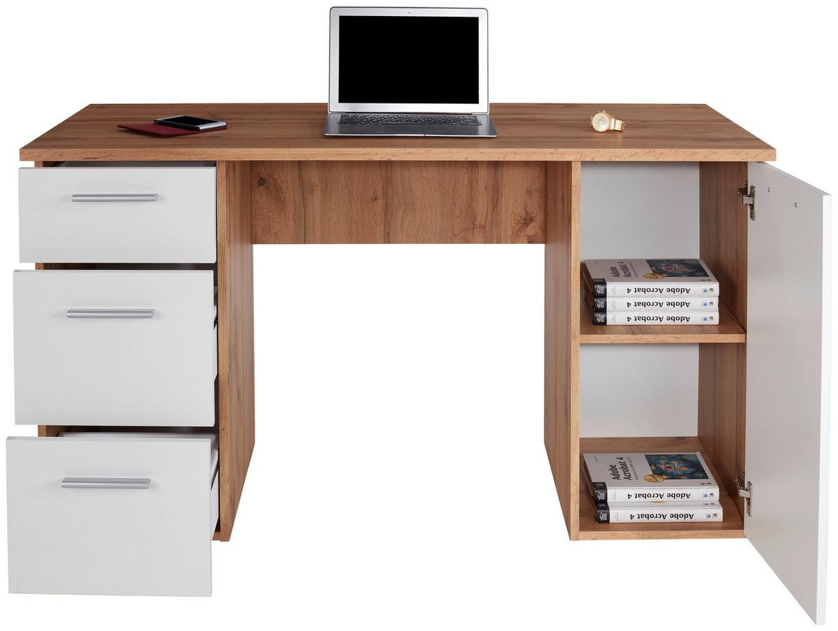 Schreibtisch mit Stauraum B 138 cm H 76cm Mx 143 Eiche Dekor - Eichefarben/Weiß, MODERN, Holzwerkstoff (138/76cm)