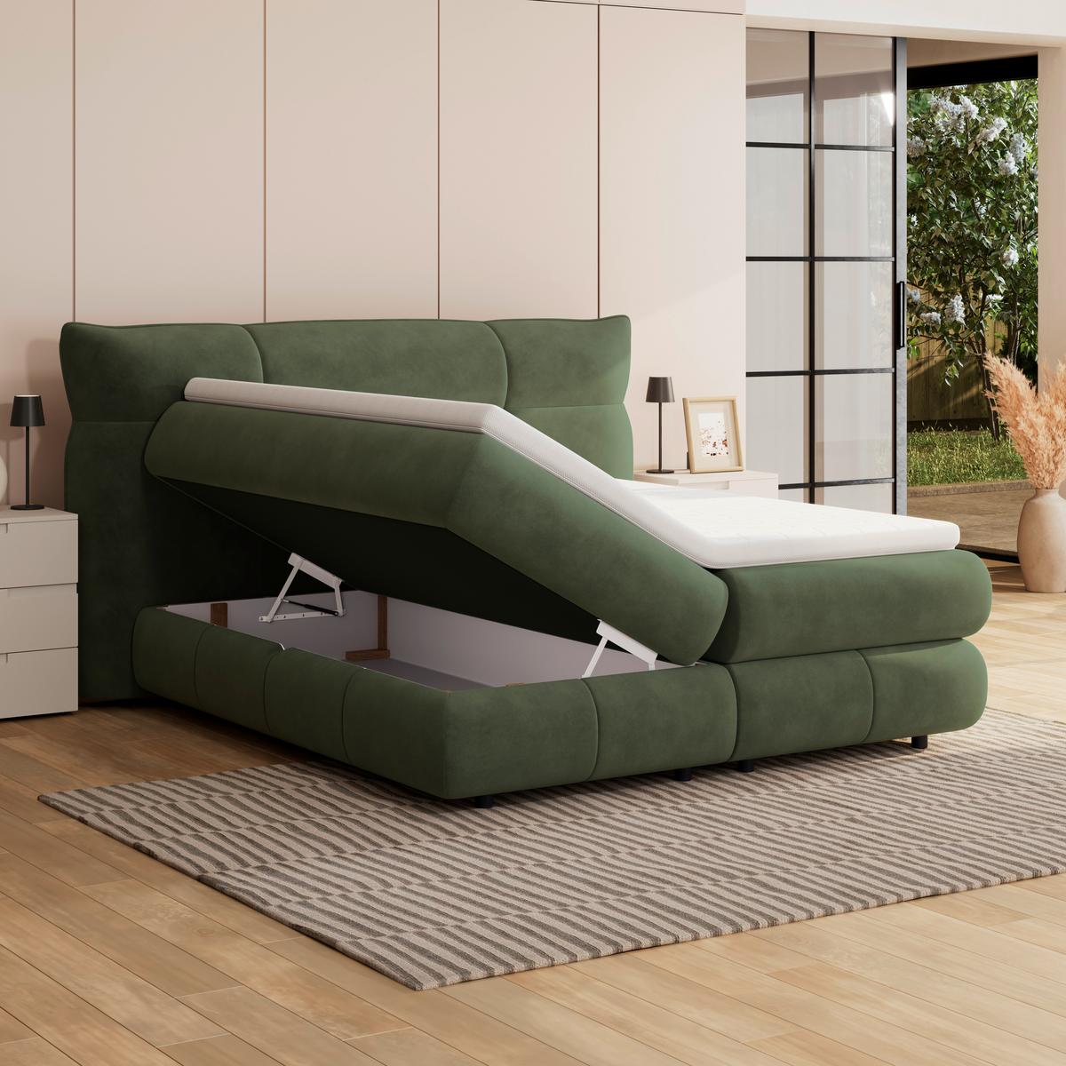 Boxspringbett Carmelo Dunkelgrün 180x200 cm - Beige/Schwarz, Trend, Textil (180/200cm)