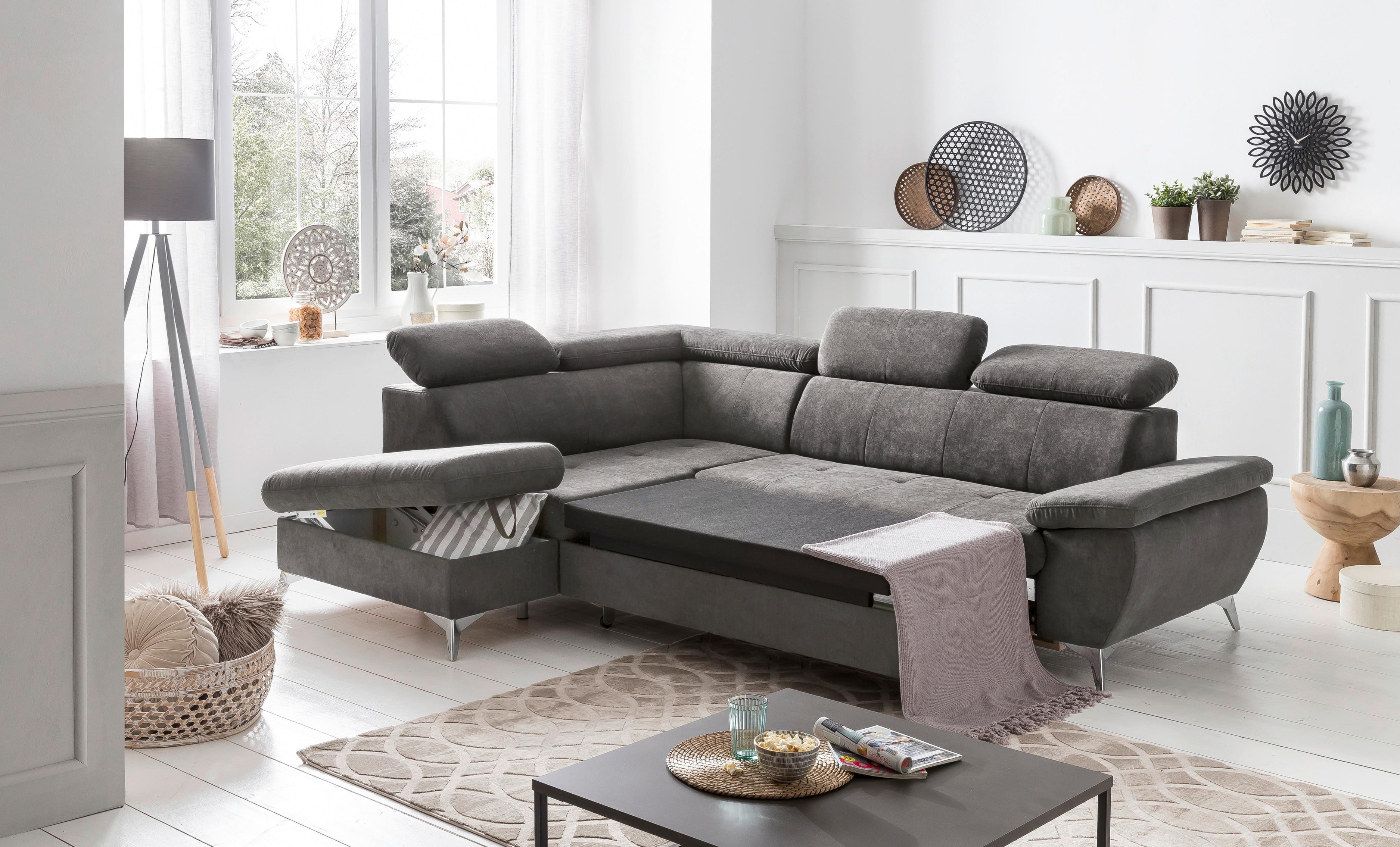 Ecksofa mit Schlaffunktion Gisele und Bettkasten Grau - Chromfarben/Grau, KONVENTIONELL, Textil (209/256cm) - Livetastic