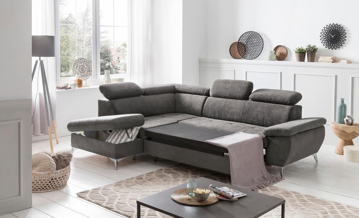 Ecksofa mit Schlaffunktion Gisele und Bettkasten Grau - Chromfarben/Grau, KONVENTIONELL, Textil (209/256cm) - Livetastic