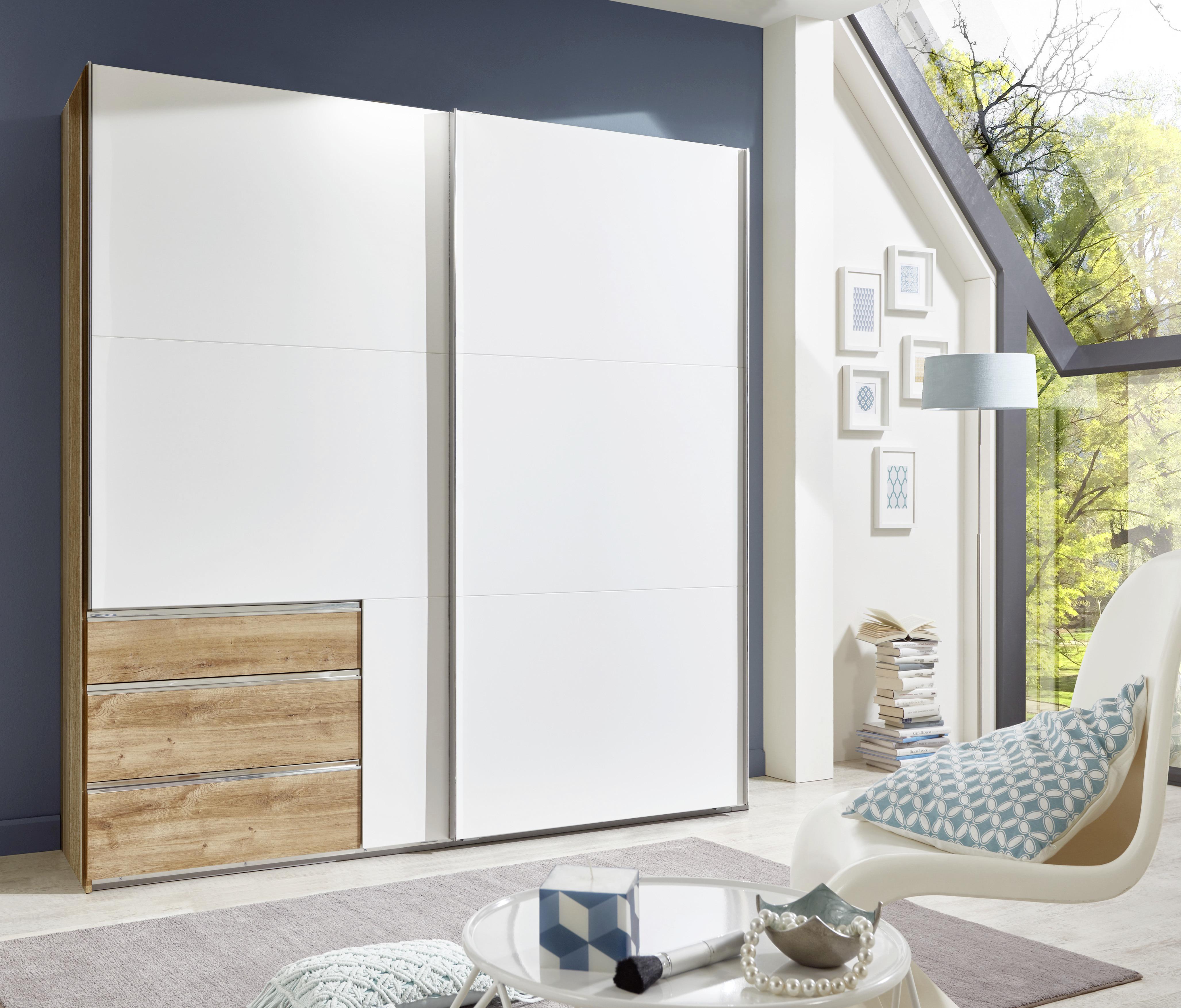 Schwebetürenschrank mit Laden 250cm Level 36a, Weiß/Eiche - Eichefarben/Weiß, MODERN, Holzwerkstoff (250/216/65cm) - MID.YOU