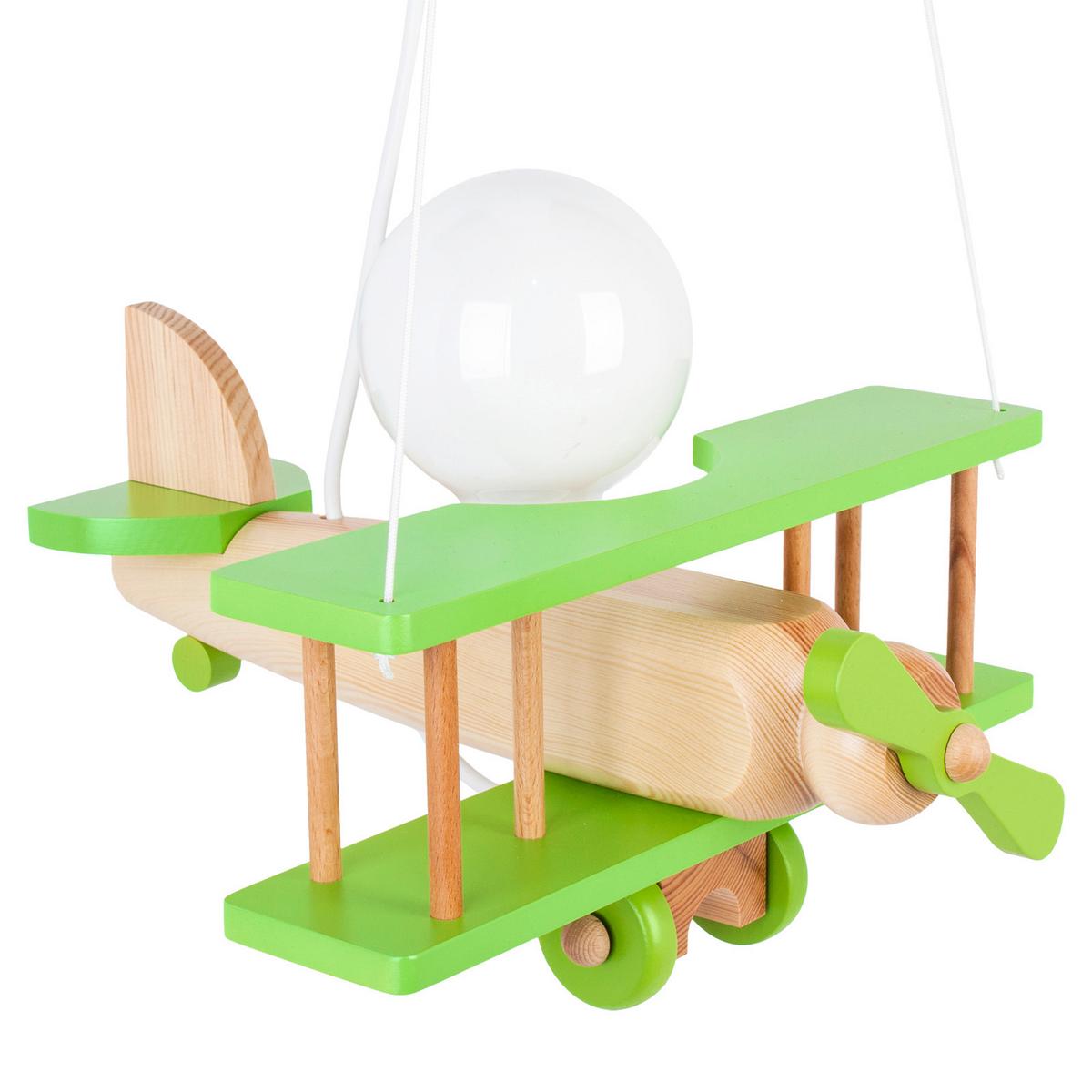 Kinderhängeleuchte Flugzeug H: 75 cm 1-Flammig - Naturfarben/Grün, KONVENTIONELL, Holz (29/31/75cm)