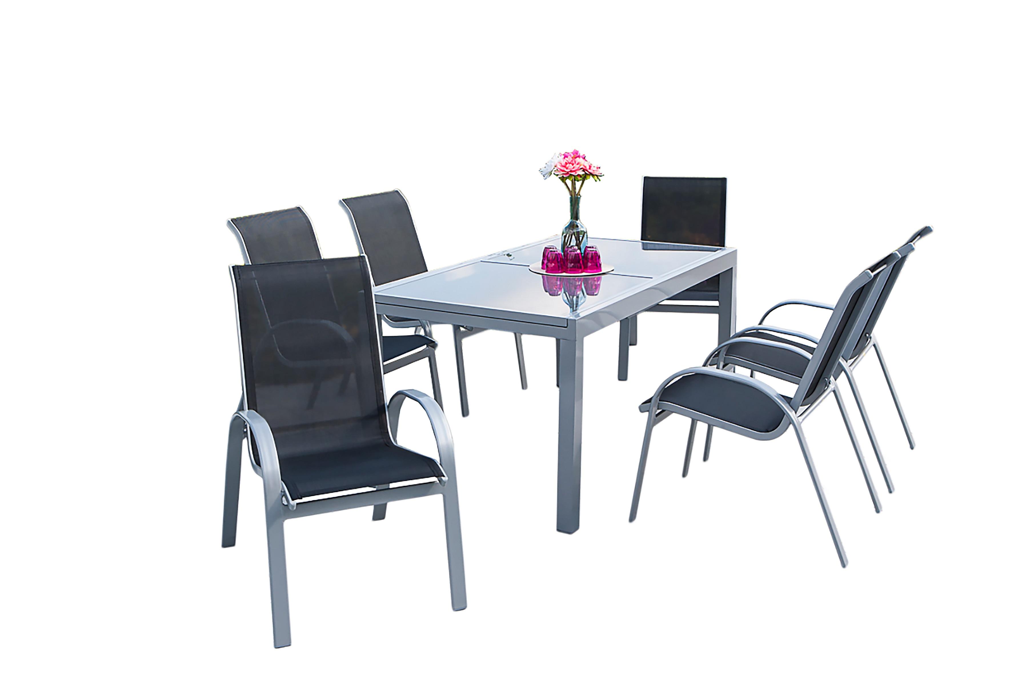 Gartengarnitur 7-tlg. Amalfi Metall/textil Ausziehbar - Silberfarben/Schwarz, ROMANTIK / LANDHAUS, Glas/Textil - Gardenson