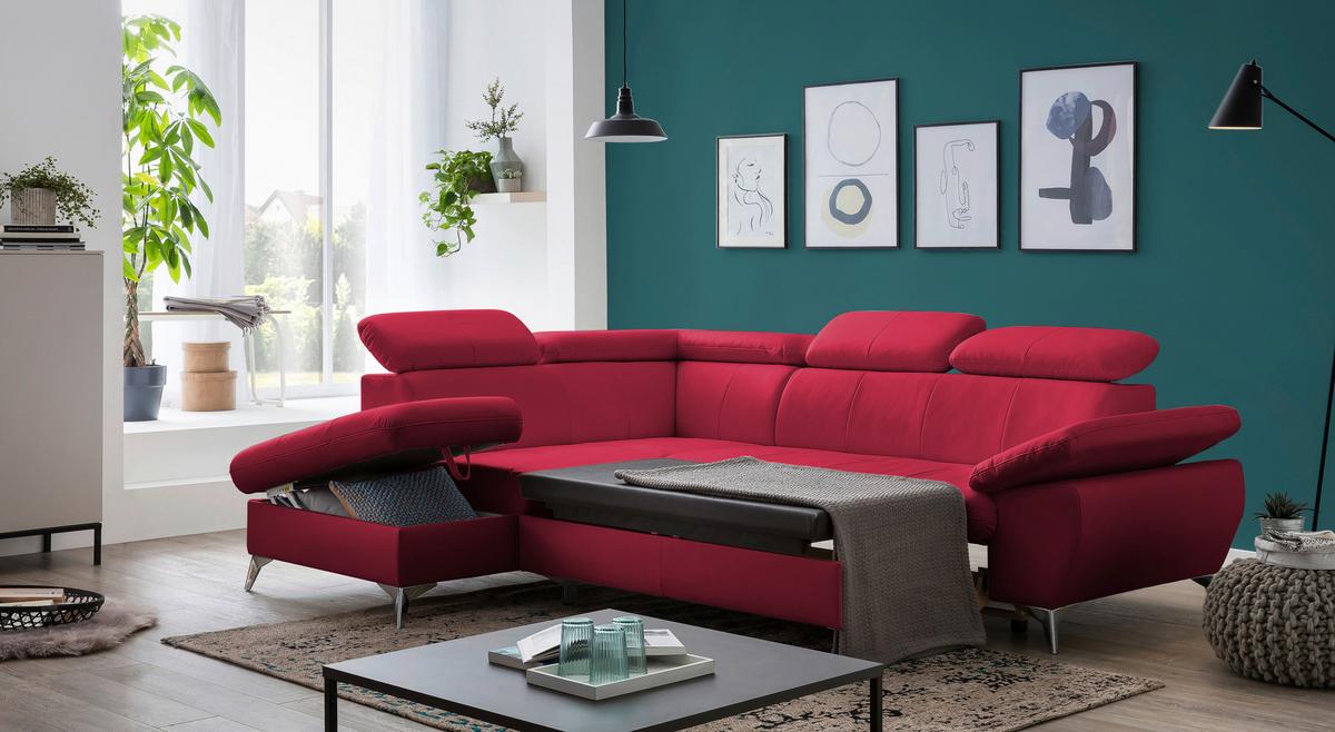 Ecksofa mit Schlaffunktion und Bettkasten Gisele Rot - Chromfarben/Rot, KONVENTIONELL, Textil (209/256cm) - Livetastic