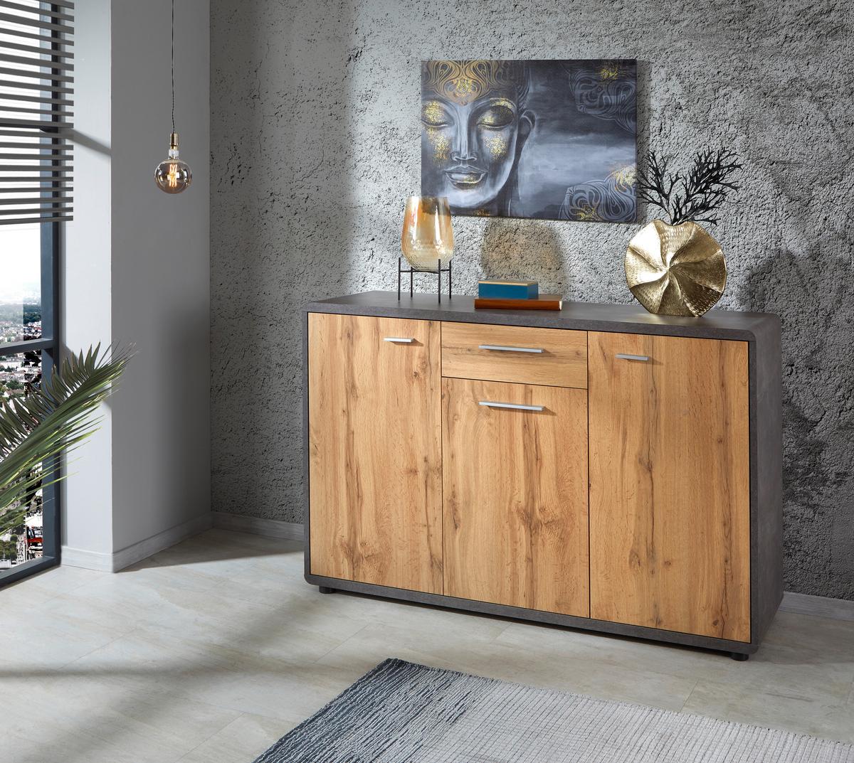 Kommode B 132cm Fontana, Beton Optik/wotan Eiche Dekor - Eichefarben/Dunkelgrau, MODERN, Holzwerkstoff (132/87/40cm)