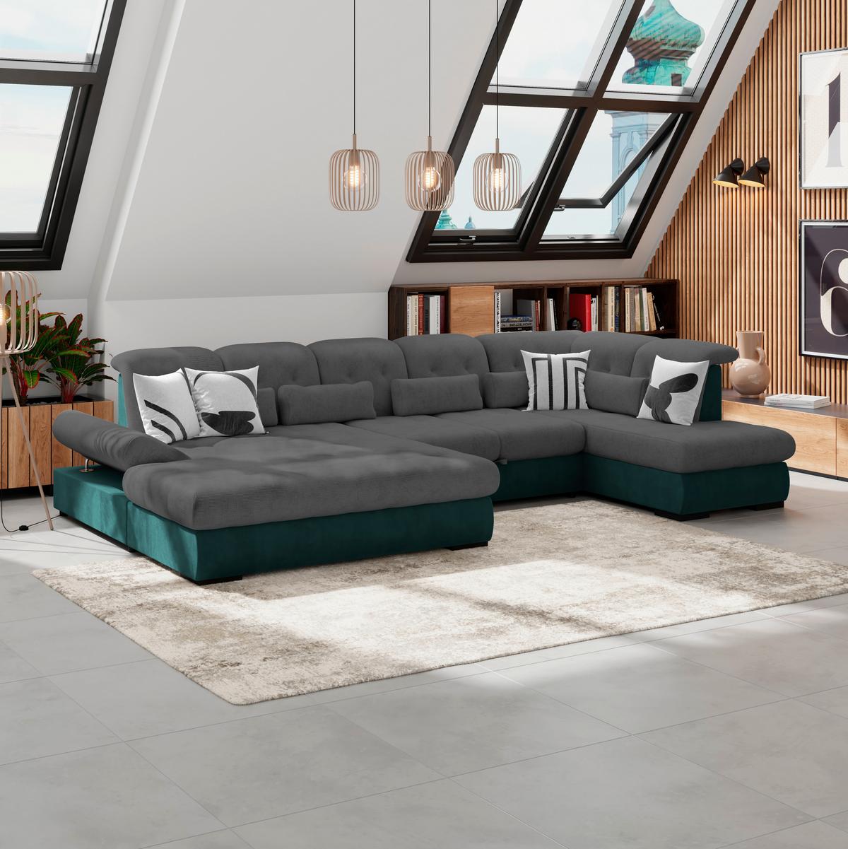 Wohnlandschaft Madera Anthrazit S: 358x212 Cm - Türkis/Anthrazit, KONVENTIONELL, Kunststoff/Textil (190/358/212cm)