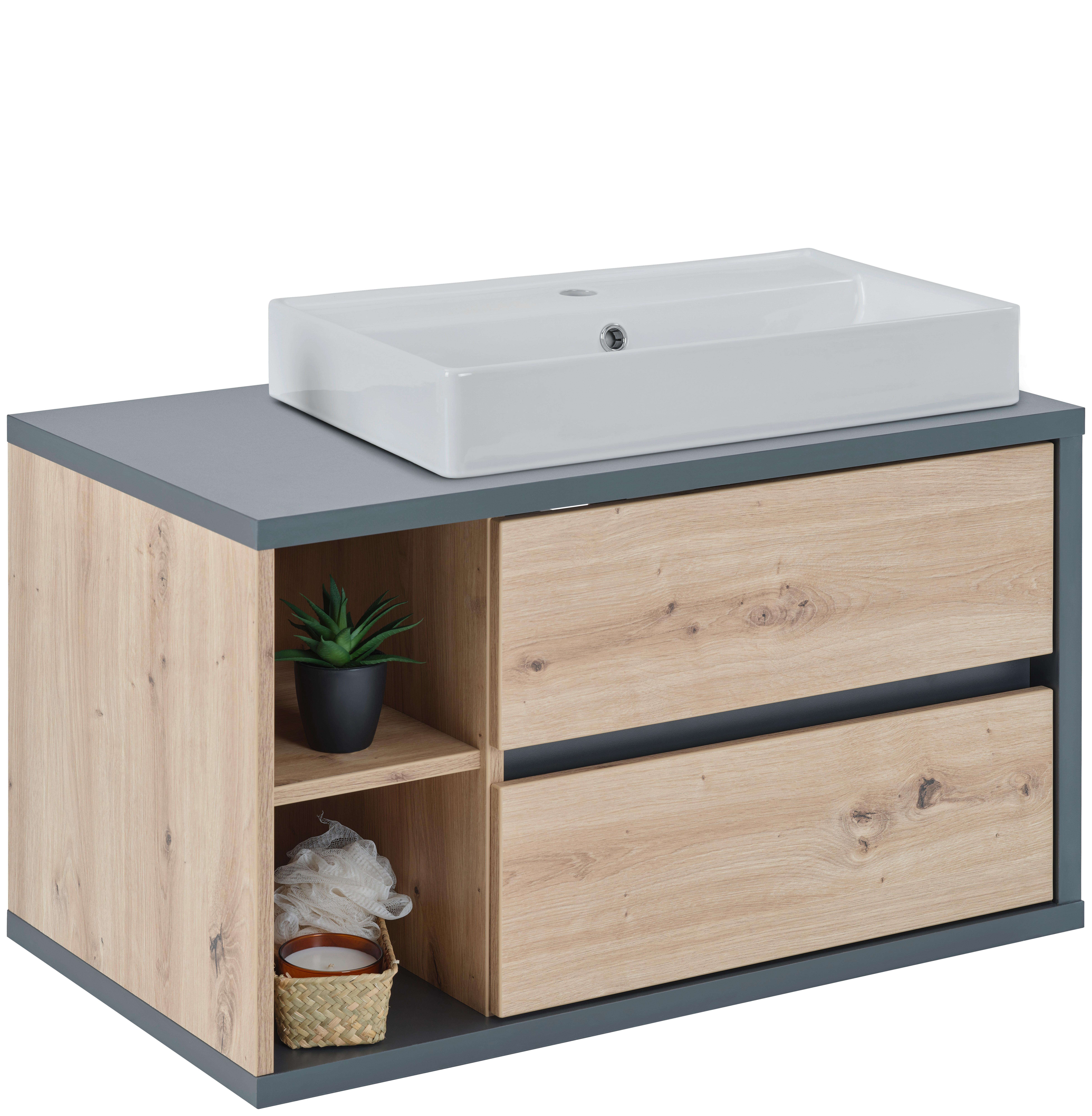 Waschbeckenunterschrank Camillo B: 80 cm, Eichefarben - Weiß Hochglanz/Anthrazit, MODERN, Keramik/Holzwerkstoff (80/48/46cm)