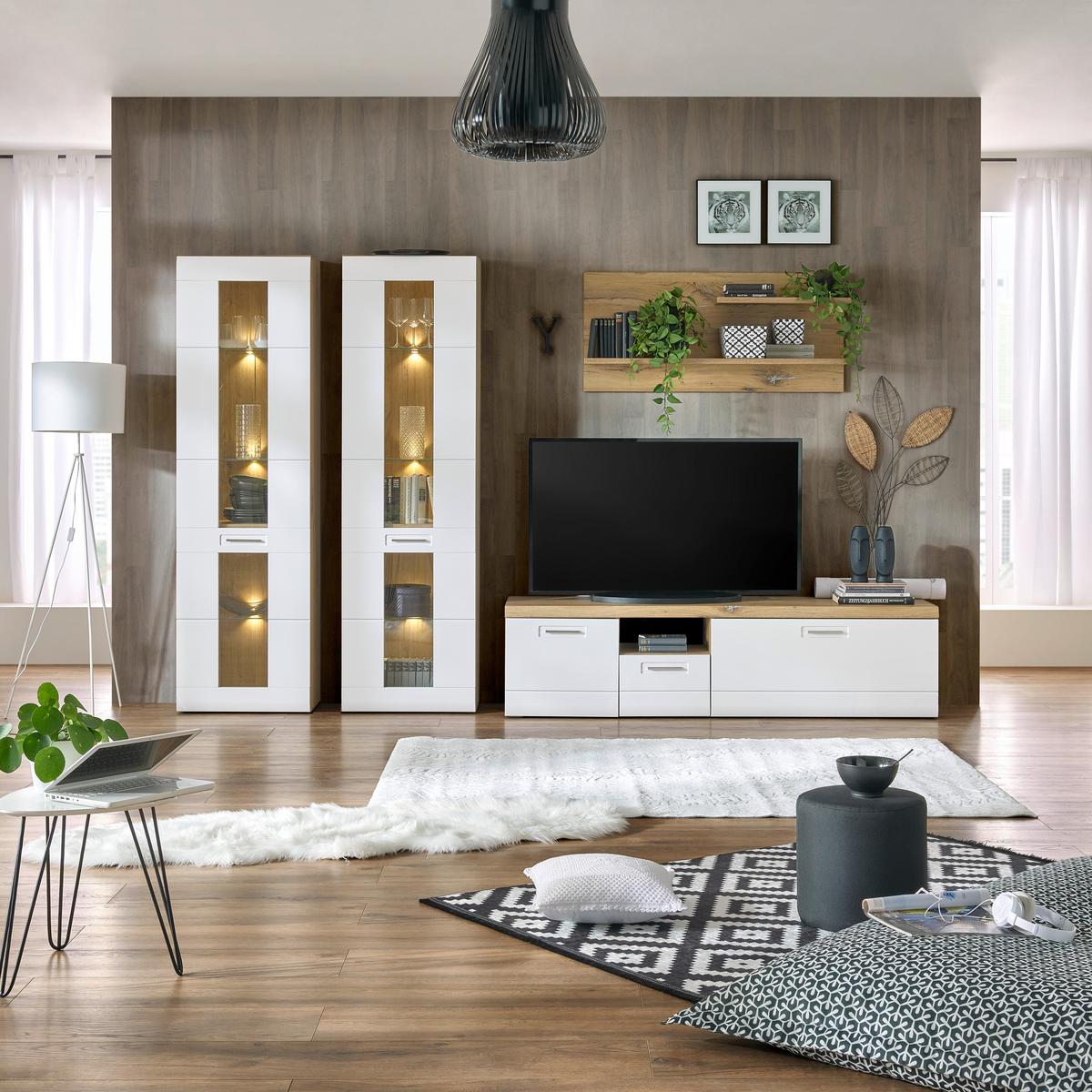 Wohnkombination 4-Tlg. Auris, Weiß/Eiche Dekor - Eichefarben/Weiß, MODERN, Glas/Holzwerkstoff (310/204,2/49,6cm) - Luca Bessoni