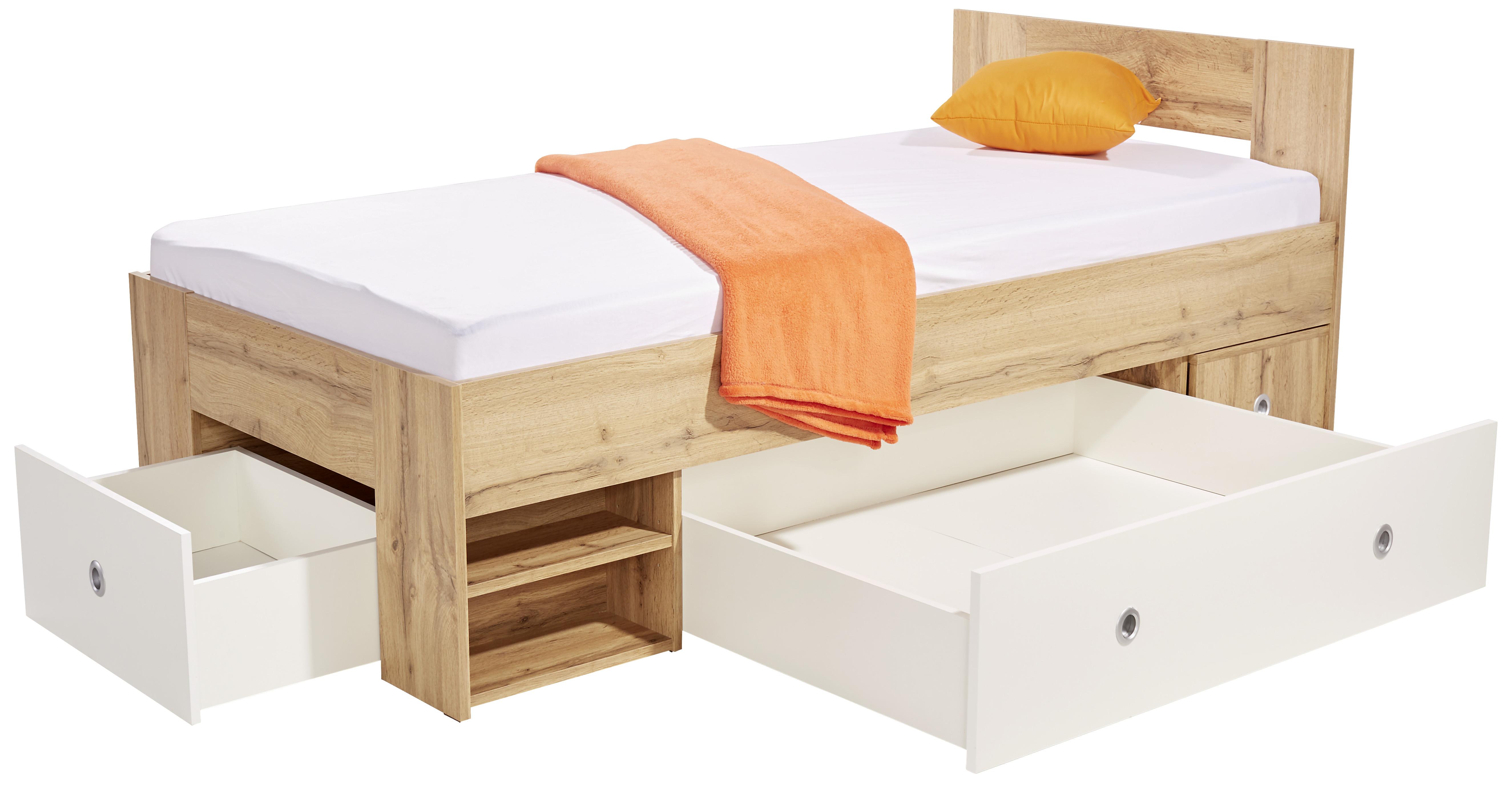 Posteľ s úložným priestorom Azurro, 90x200, biela / dub - biela/dub wotan, Moderný, kompozitné drevo (90/200cm)