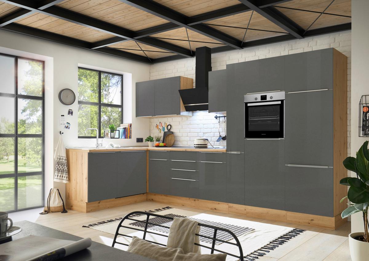 Eckküche mit Geräten 370x170 cm Grau/Eiche Dekor, Modern - Anthrazit/Eiche Artisan, LIFESTYLE, Holzwerkstoff (170/370cm) - Respekta