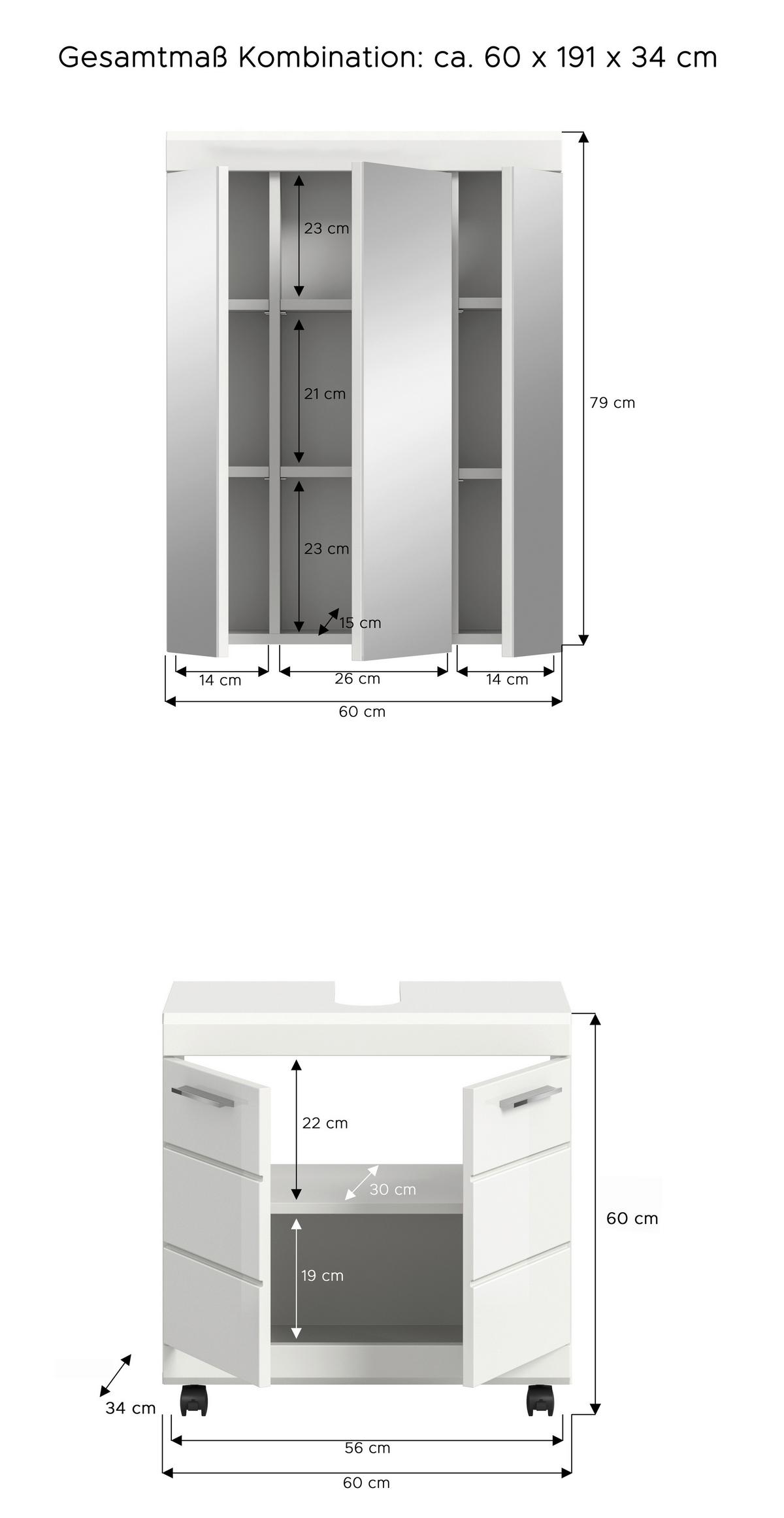 Badezimmer Scout Weiß HG, B: 60 cm - Weiß Hochglanz/Schwarz, Trend, Glas/Holzwerkstoff (60cm) - MID.YOU