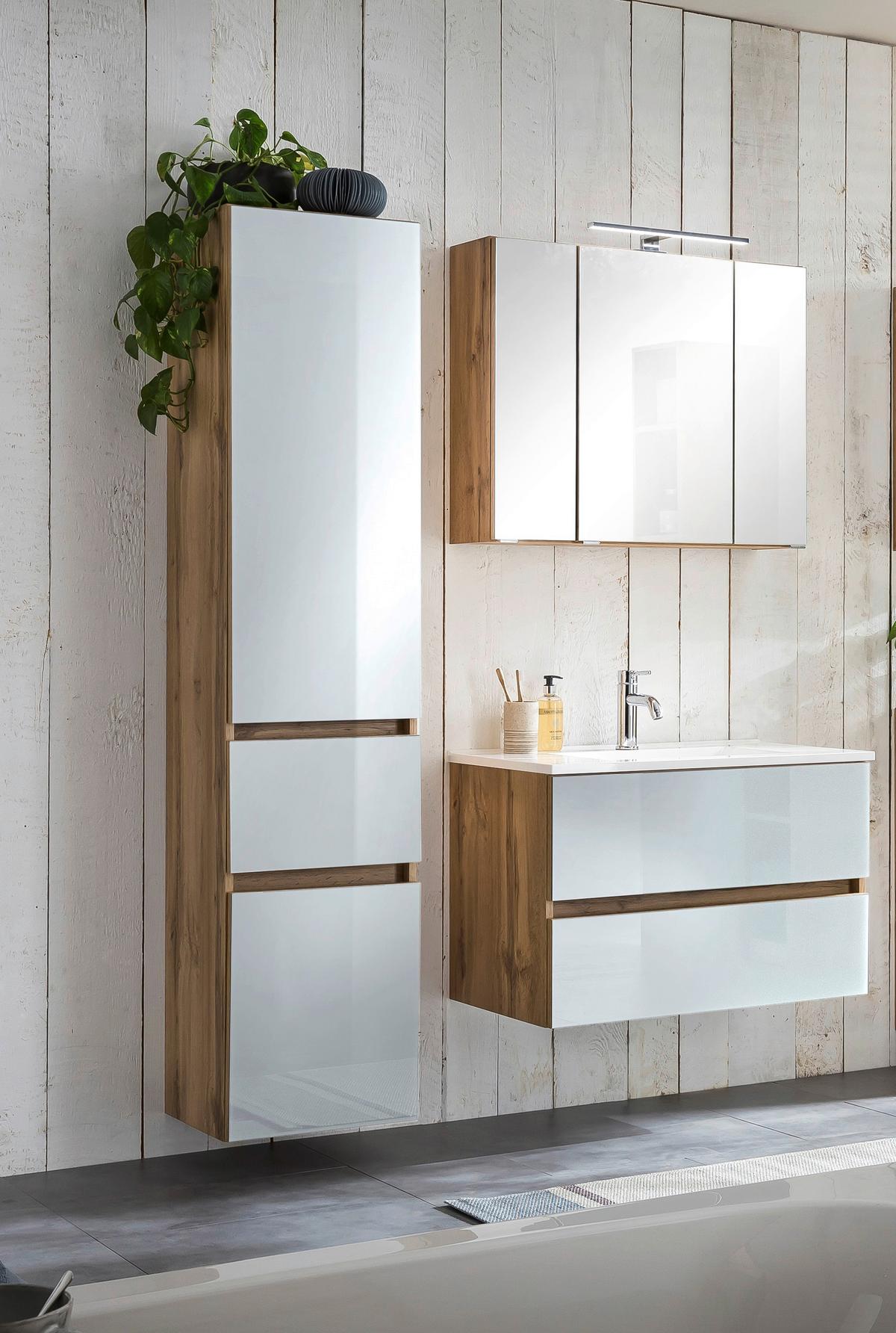 Badmöbel-set 4-tlg. Inkl. Led Helsinki, Weiß/eiche - Eichefarben/Weiß, KONVENTIONELL, Glas/Holzwerkstoff (120cm) - Held