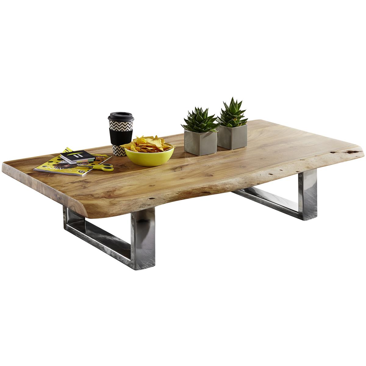 Couchtisch mit Holzplatte Asura, Akazie/Chromfarben - Chromfarben/Akaziefarben, Design, Holz/Metall (115/58/25cm) - MID.YOU
