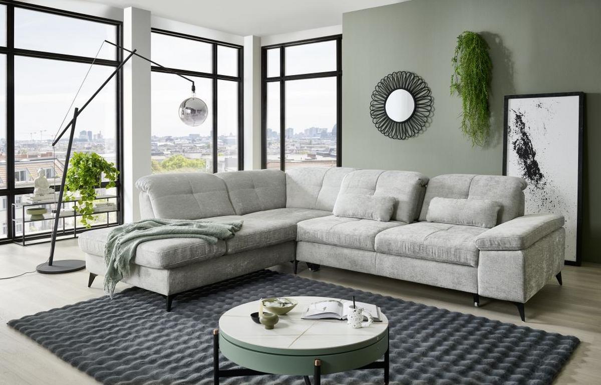 Sedačka SORENA L, ľavá, sv.sivá ženilka, bez funkcií - čierna/svetlosivá, Modern, kov/textil (255/311cm) - Premium Living