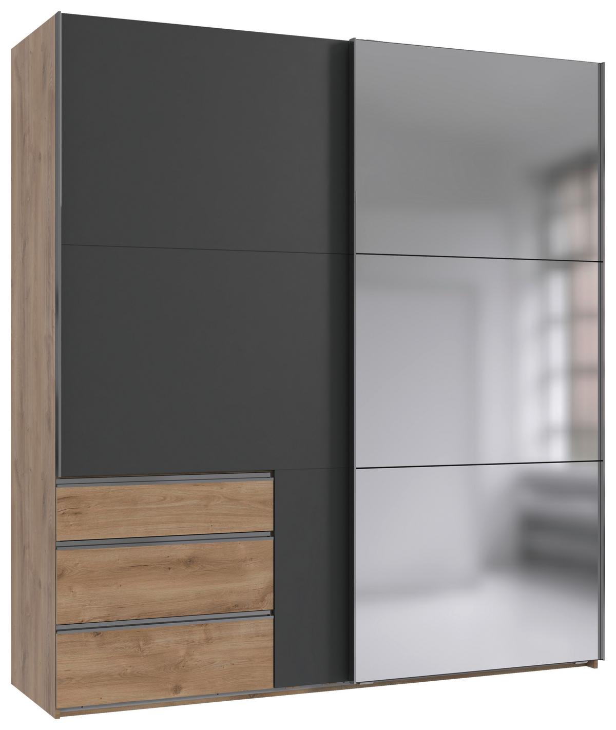 Schwebetürenschrank Level 36 A Graphit/Eiche/Spiegel,b:250cm - Eichefarben/Graphitfarben, MODERN, Glas/Holzwerkstoff (250/216/65cm) - MID.YOU