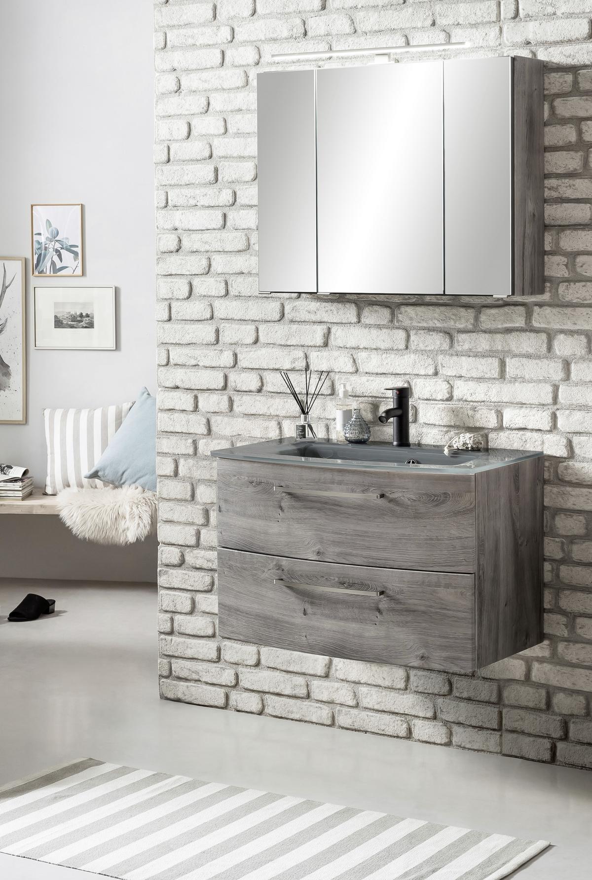 Waschbecken mit Unterschrank Stockholm B: 80cm, Grau Dekor - Eichefarben/Grau, KONVENTIONELL, Glas/Holzwerkstoff (80cm) - Held