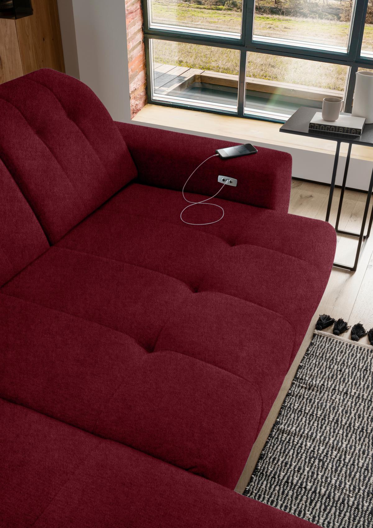 Ecksofa mit USB Anschluss Sano, Bordeaux, S: 200x261 cm - Bordeaux/Schwarz, MODERN, Textil (200/261cm) - Livetastic