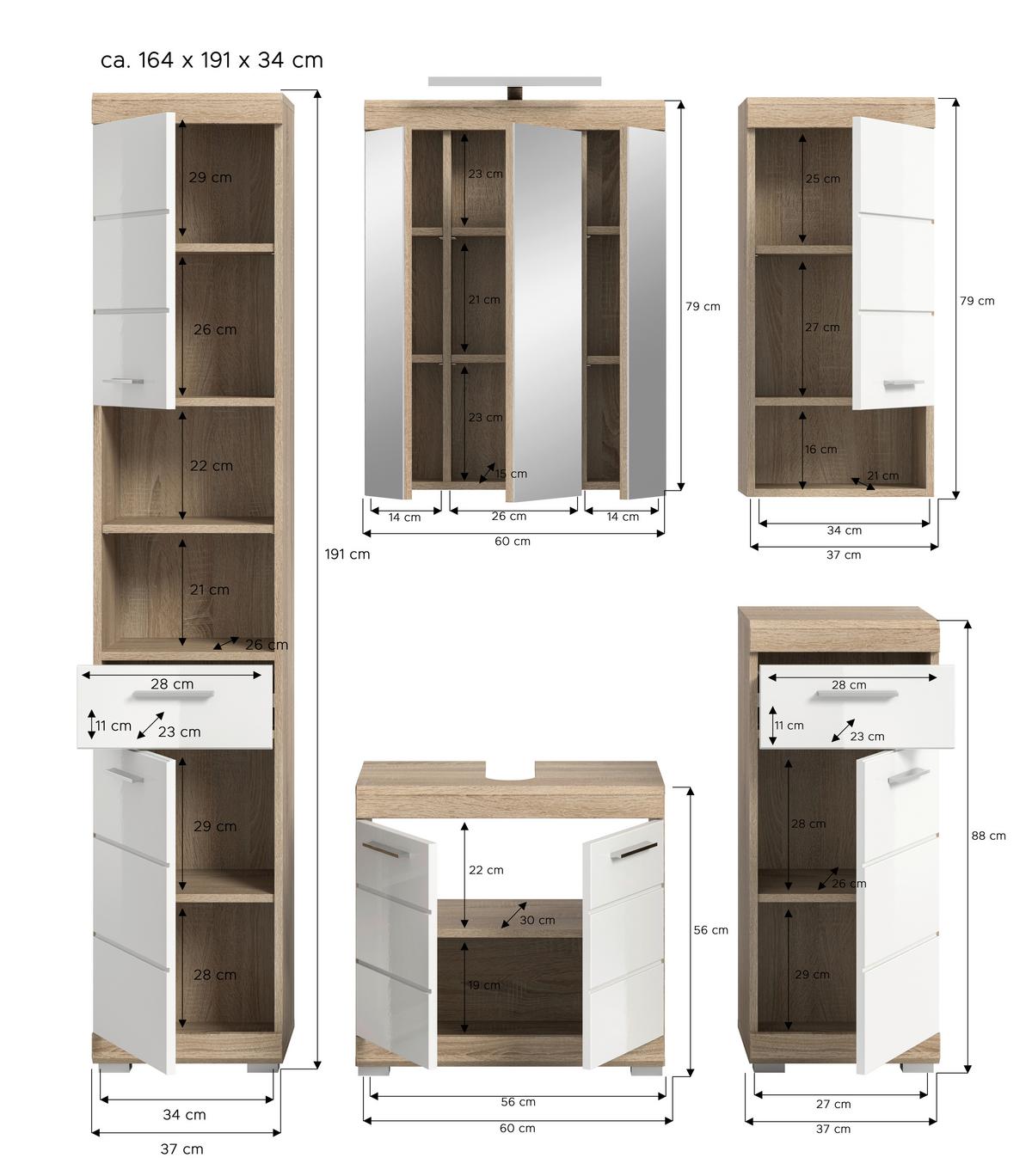 Badezimmer Lambada Eiche Dekor/Weiß B: 134 cm - Weiß Hochglanz/Silberfarben, MODERN, Glas/Holzwerkstoff (134cm) - MID.YOU