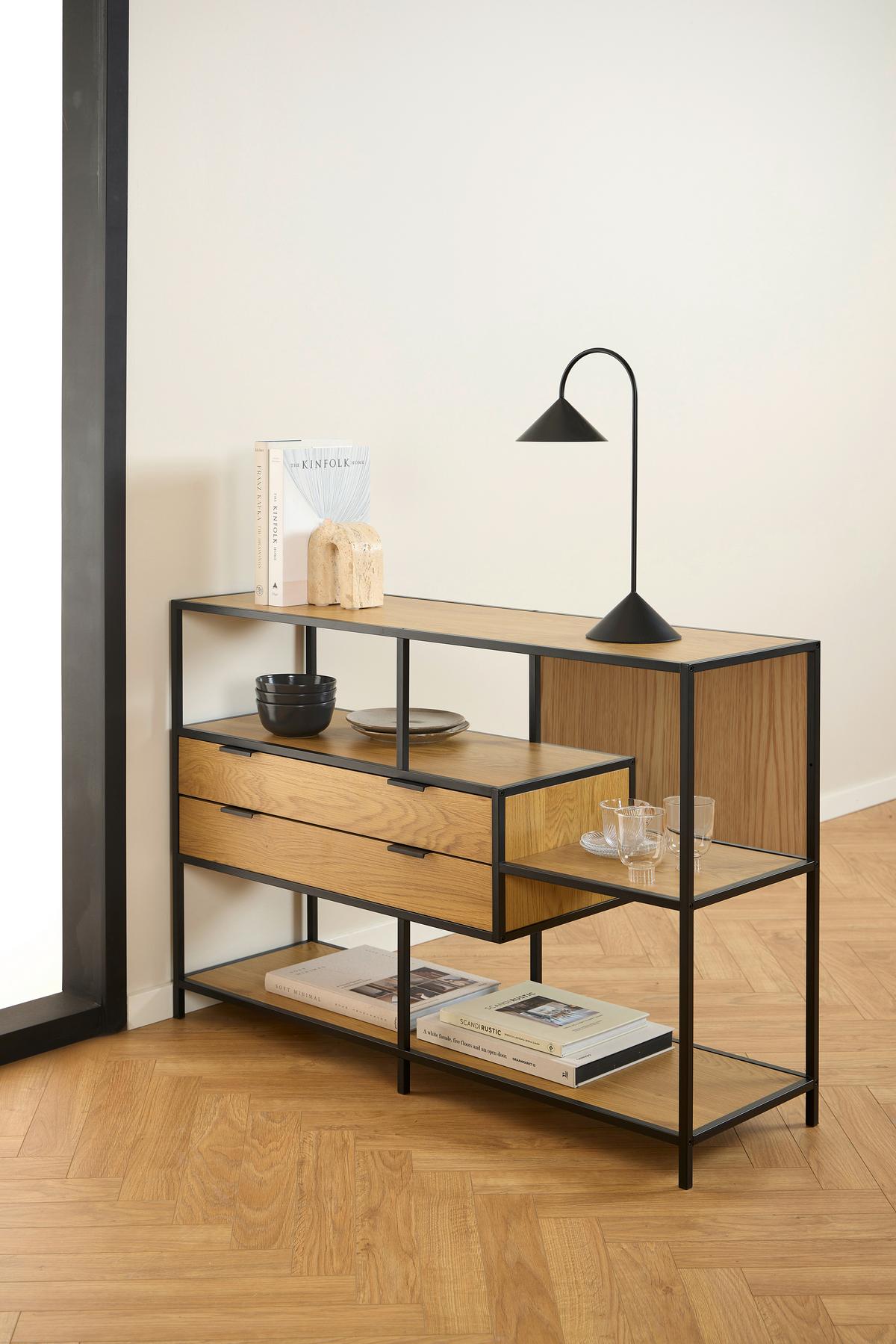 REGÁL SEAFORD - černá/přírodní barvy, Moderní, kov/kompozitní dřevo (77/114/35cm)