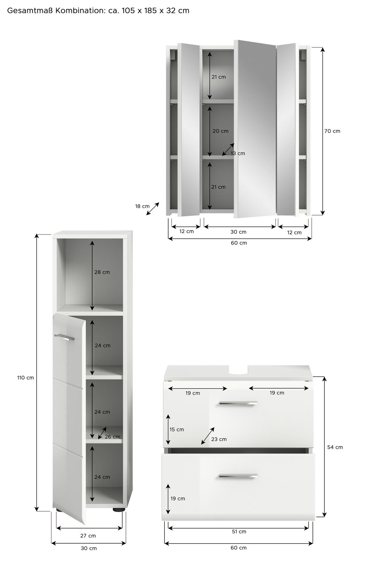 Badezimmer Ice Weiß Hg B: 90 cm - Weiß Hochglanz/Schwarz, MODERN, Glas/Holzwerkstoff (90cm) - MID.YOU