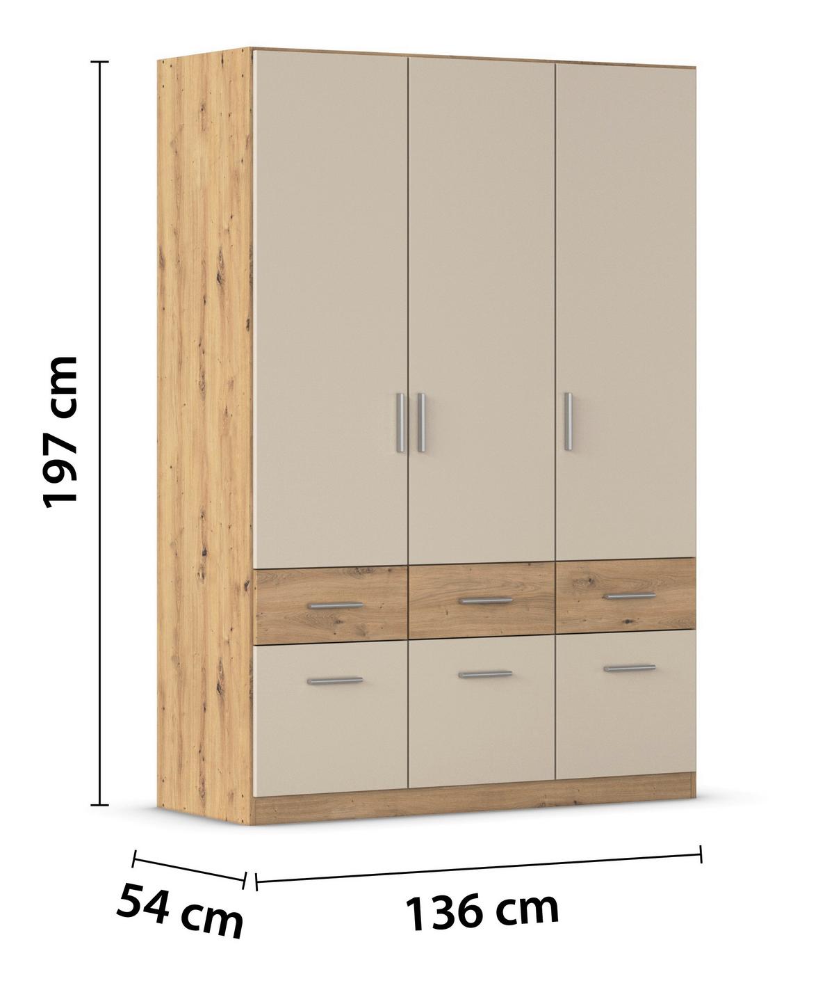 Skriňa s otočnými dveřmi CELLE, šířka 136 cm - dub artisan/barvy hliníku, Konvenční, kompozitní dřevo/plast (136/197/54cm) - Mömax