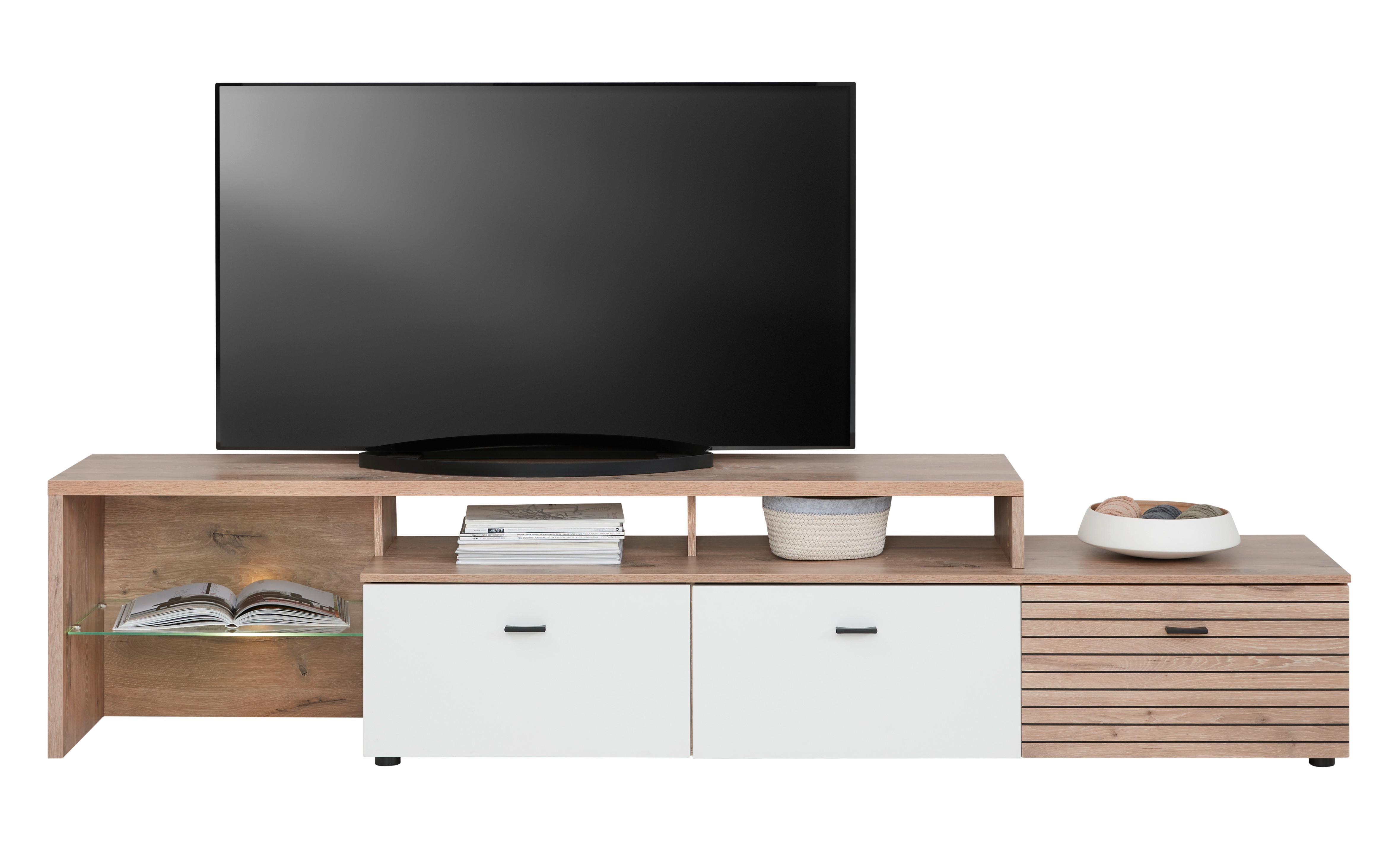 TV-Lowboard Liverpool B: 239 cm Weiß/Eichefarben - Eichefarben/Schwarz, MODERN, Glas/Holzwerkstoff (239/52/44cm)