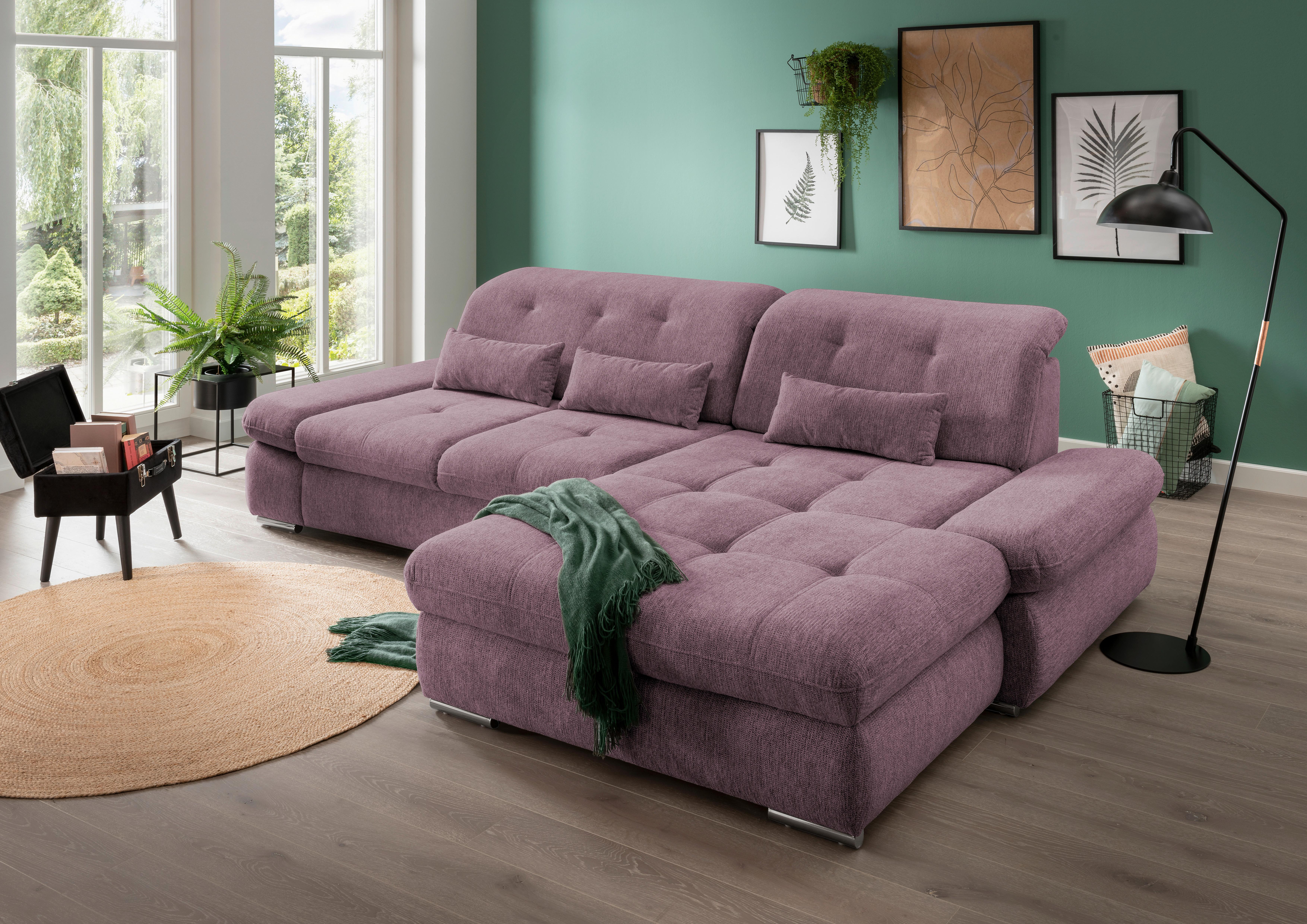 Ecksofa mit Schlaffunktion Dalida Brombeere Chenille - Chromfarben/Brombeere, Design, Textil (300/196cm) - Livetastic