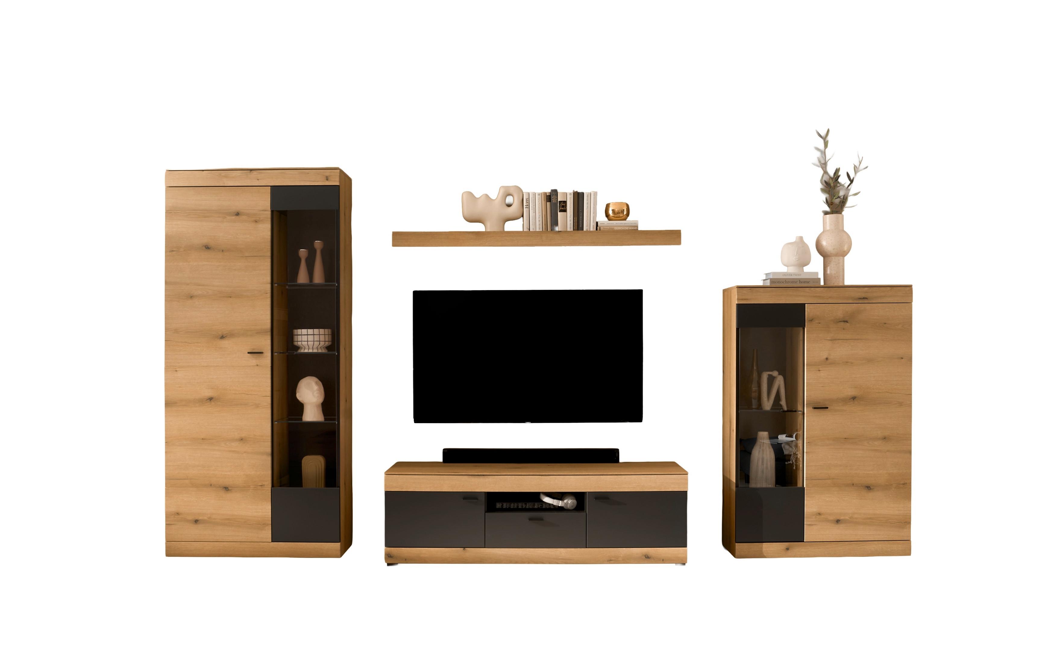 Wohnwand Soleto Graphit/Eichefarben B: 350cm - Eichefarben/Schwarz, Design, Glas/Holzwerkstoff (350/201/45cm) - MID.YOU