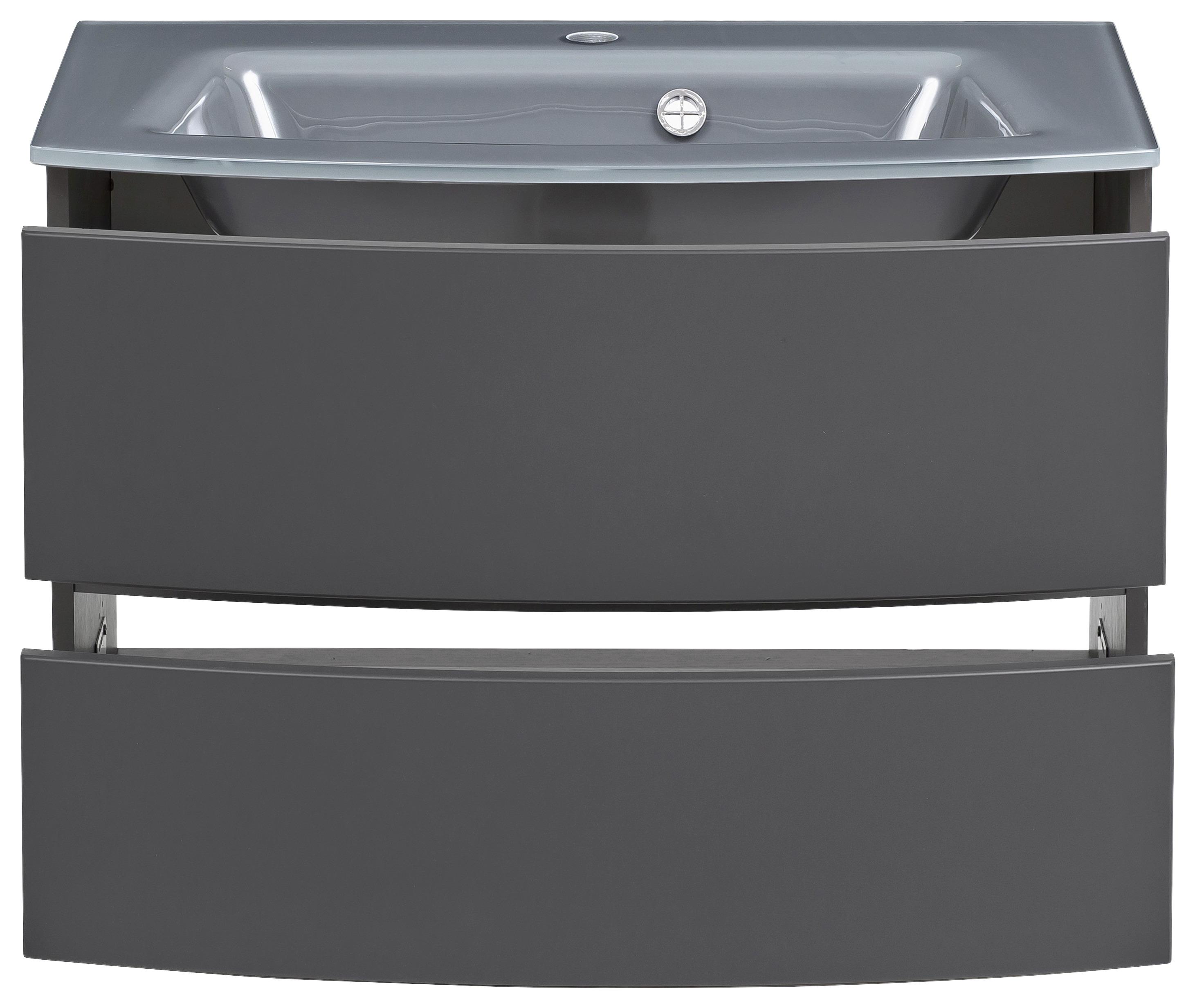 Grauer Waschtisch mit zwei Schubladen und Glas-Waschbecken