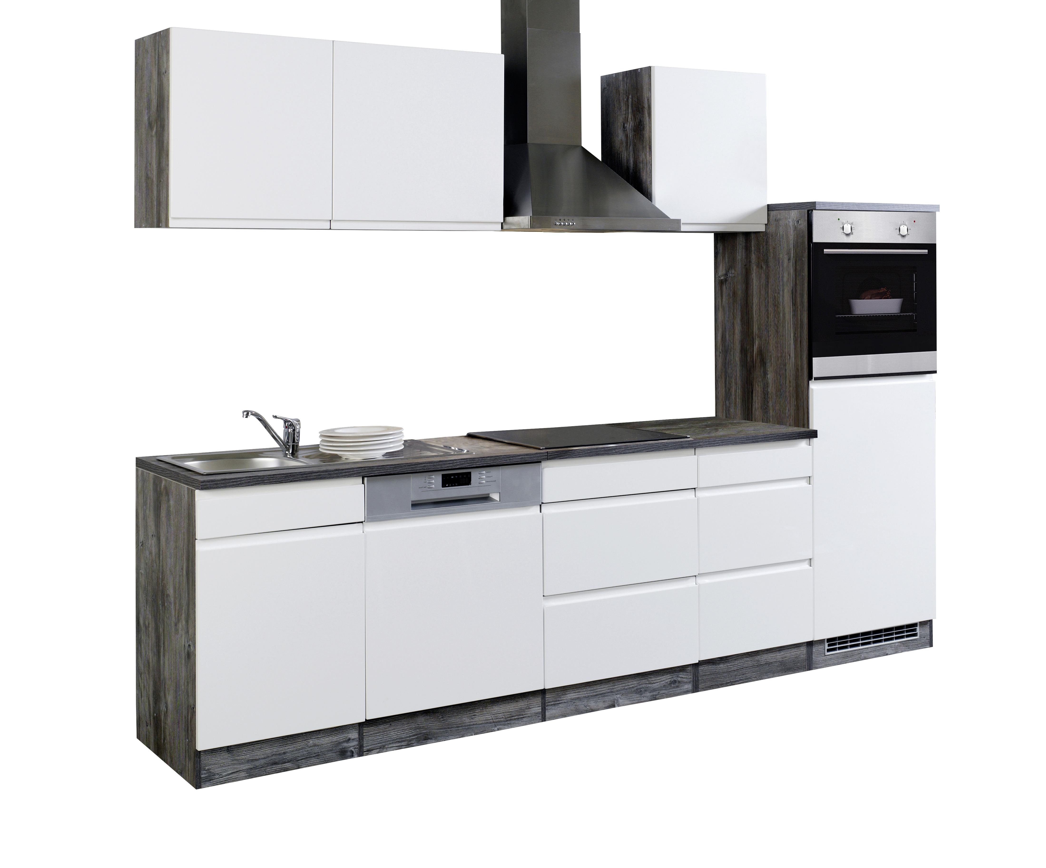 MID.YOU Küchenzeile Cardiff mit Geräten 280 cm Weiß Hochglanz/Eiche