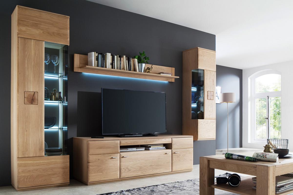 Wohnkombination teilmassiv 4--teilig. Bologna Eichefarben - Eichefarben, Design, Glas/Holz (305/208/50cm) - Livetastic