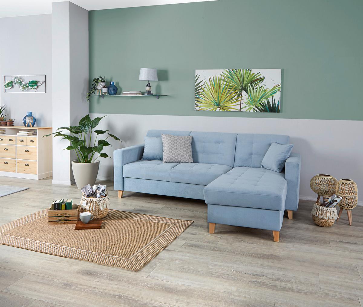 Rohová sedačka BJORN, obojstranná, svetlomodrý zamat - svetlomodrá/prírodná farba, Design, drevo/textil (231/160cm) - Luca Bessoni