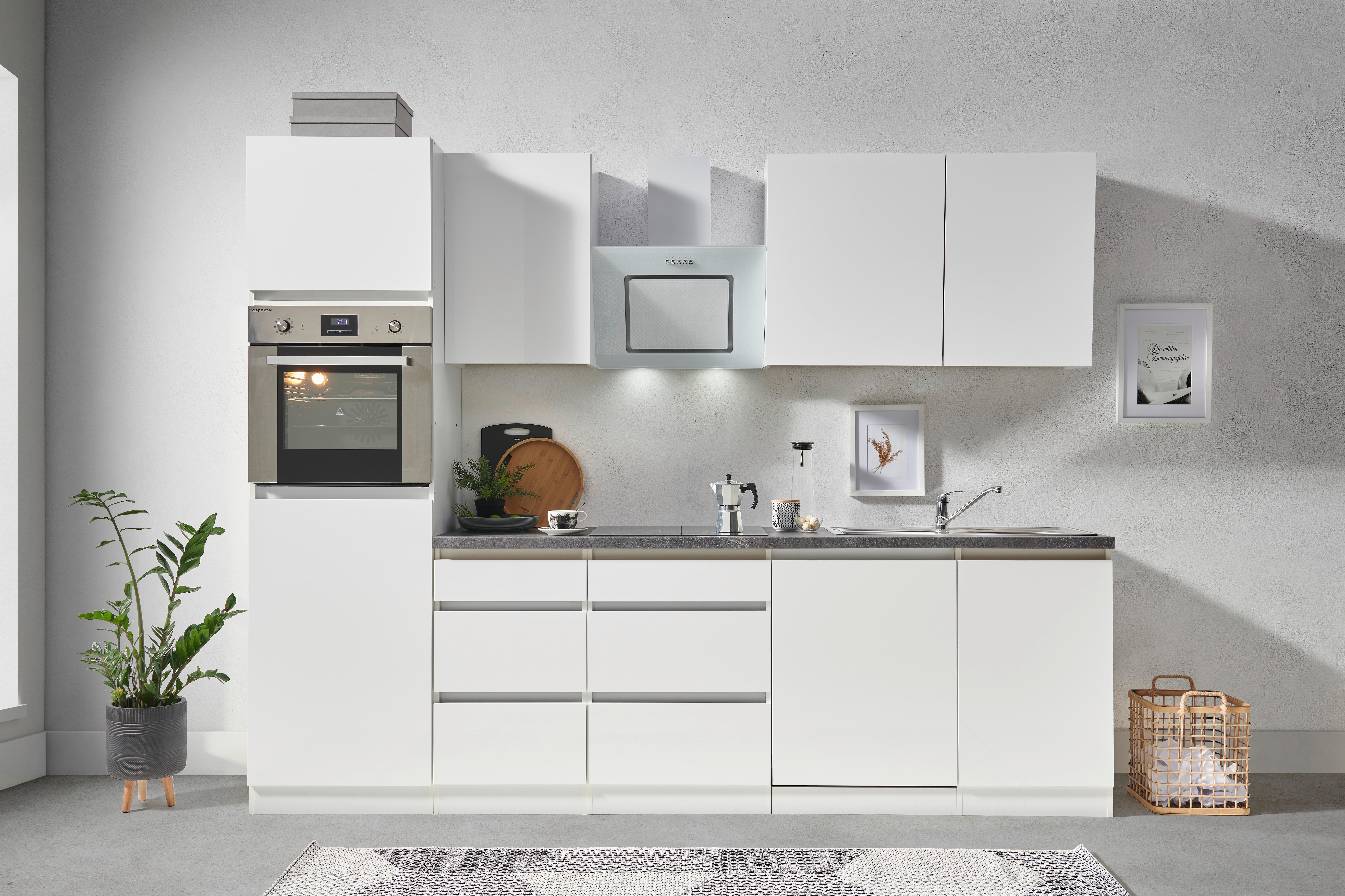 Küchenzeile Premium M. Geräten 280 Cm Weiß Hochglanz - Weiß/Grau, MODERN, Holzwerkstoff (280cm) - Respekta