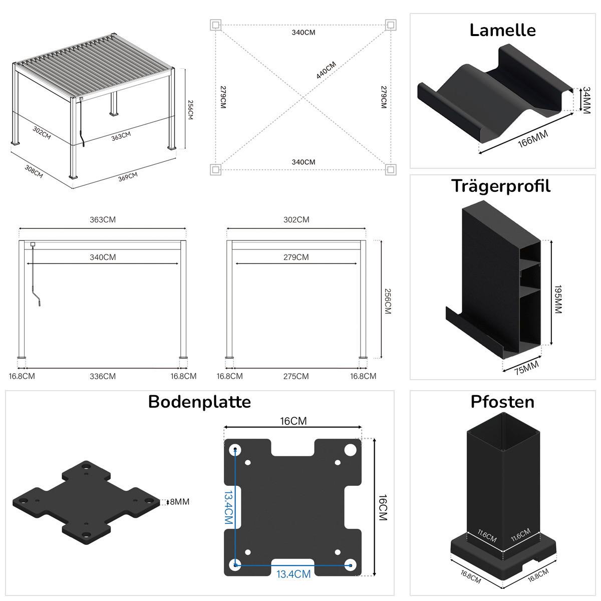 Pergola 300x360 Cm Wetterbeständig, Perlmutt - Perlmutt, Basics, Metall (300/360/255cm)