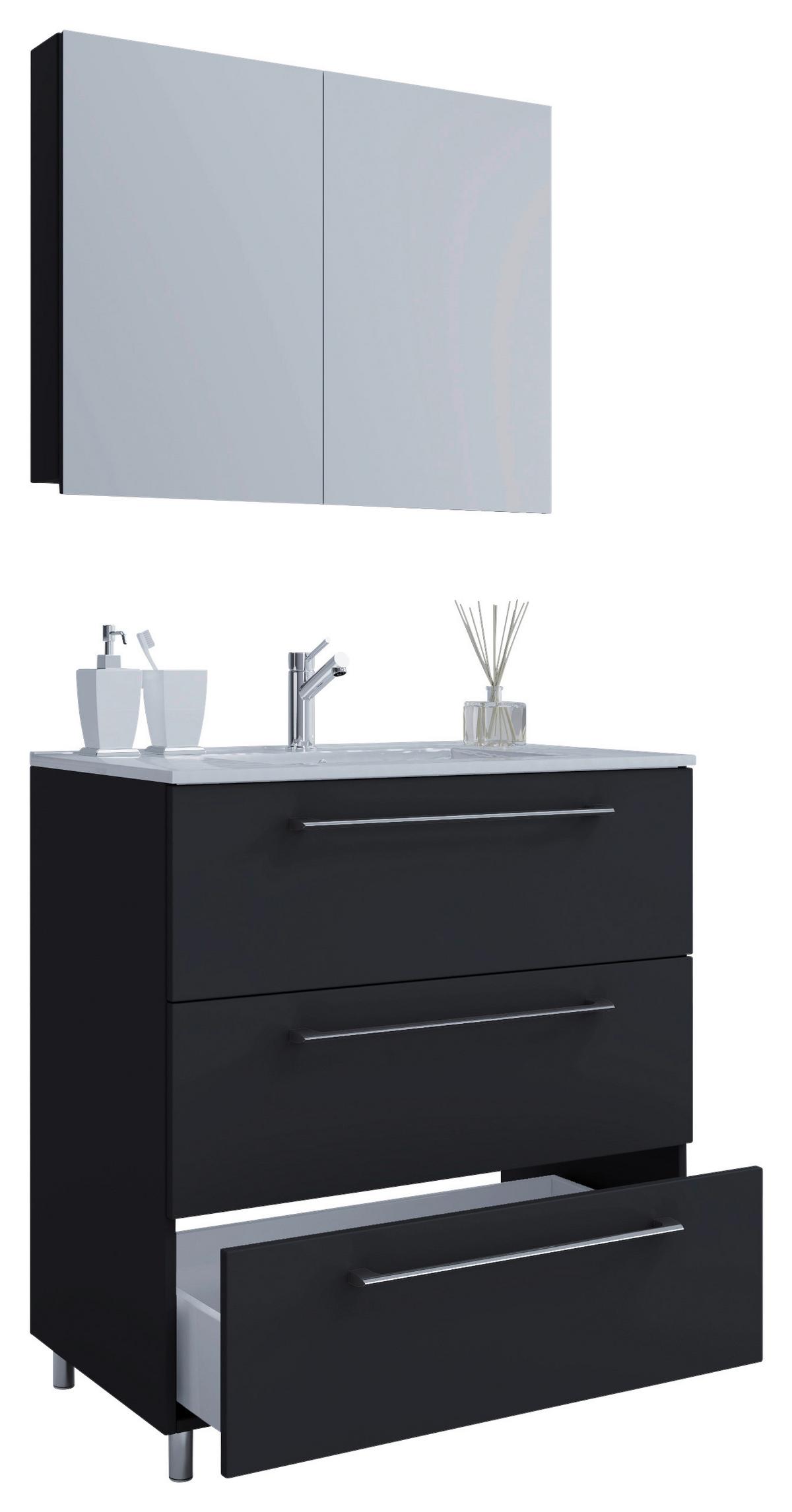 Badezimmer Schubo 3-Teilig Schwarz B: 80 cm - Alufarben/Schwarz, MODERN, Keramik/Holzwerkstoff (80cm) - MID.YOU
