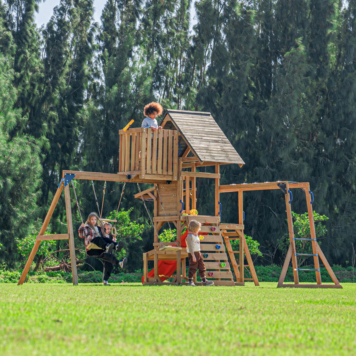 Spielturm mit Rutsche Rot - Anthrazit/Rot, Basics, Holz/Kunststoff (482/500/338cm) - Ambia Garden
