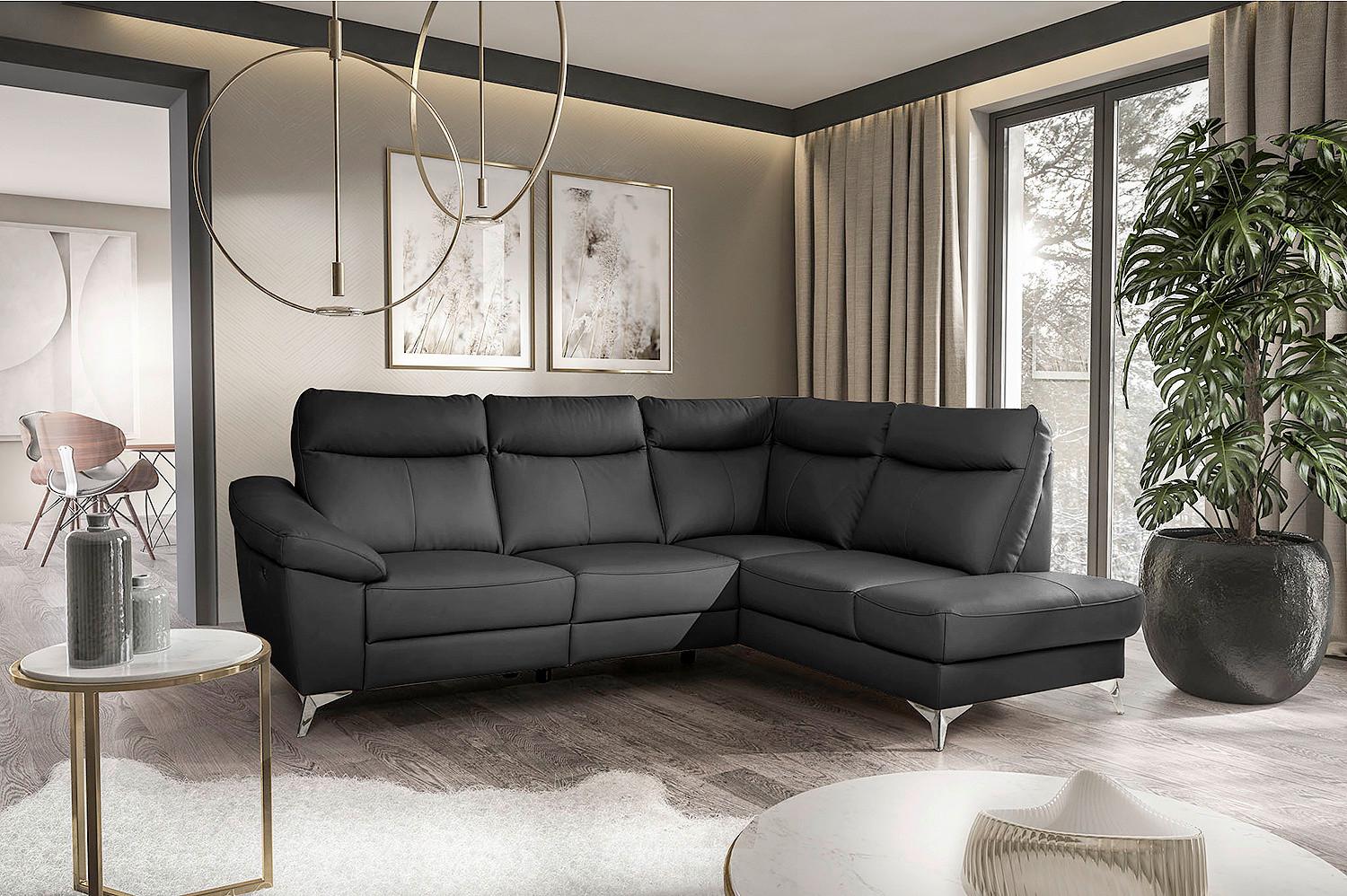 Ecksofa Luna Teilleder schwarz 242x194 - Chromfarben/Schwarz, Design, Leder/Textil (242/194cm) - Livetastic