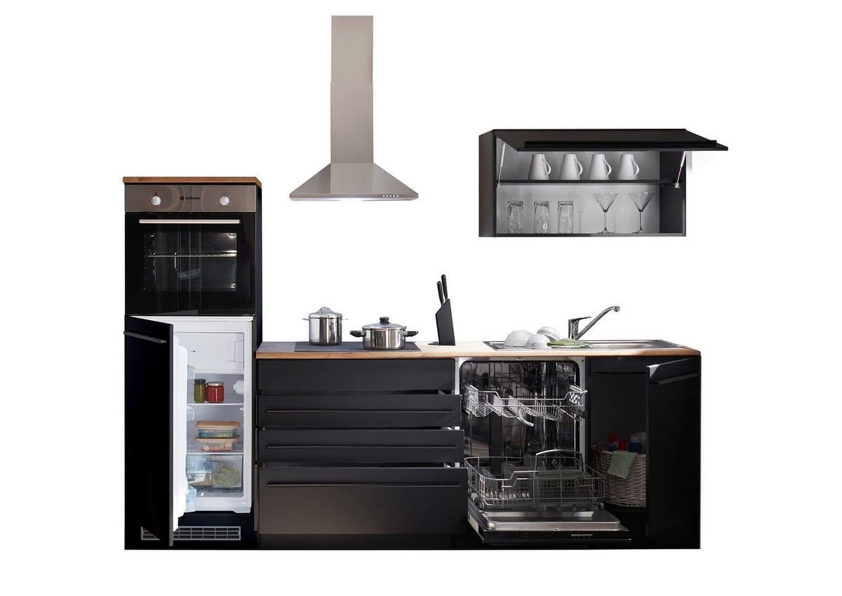 Kuchynský blok JAZZ 6 bez spotrebičov, šírka 260cm - čierna/farba duba, Modern, kompozitné drevo (260/200/60cm) - Modern Living