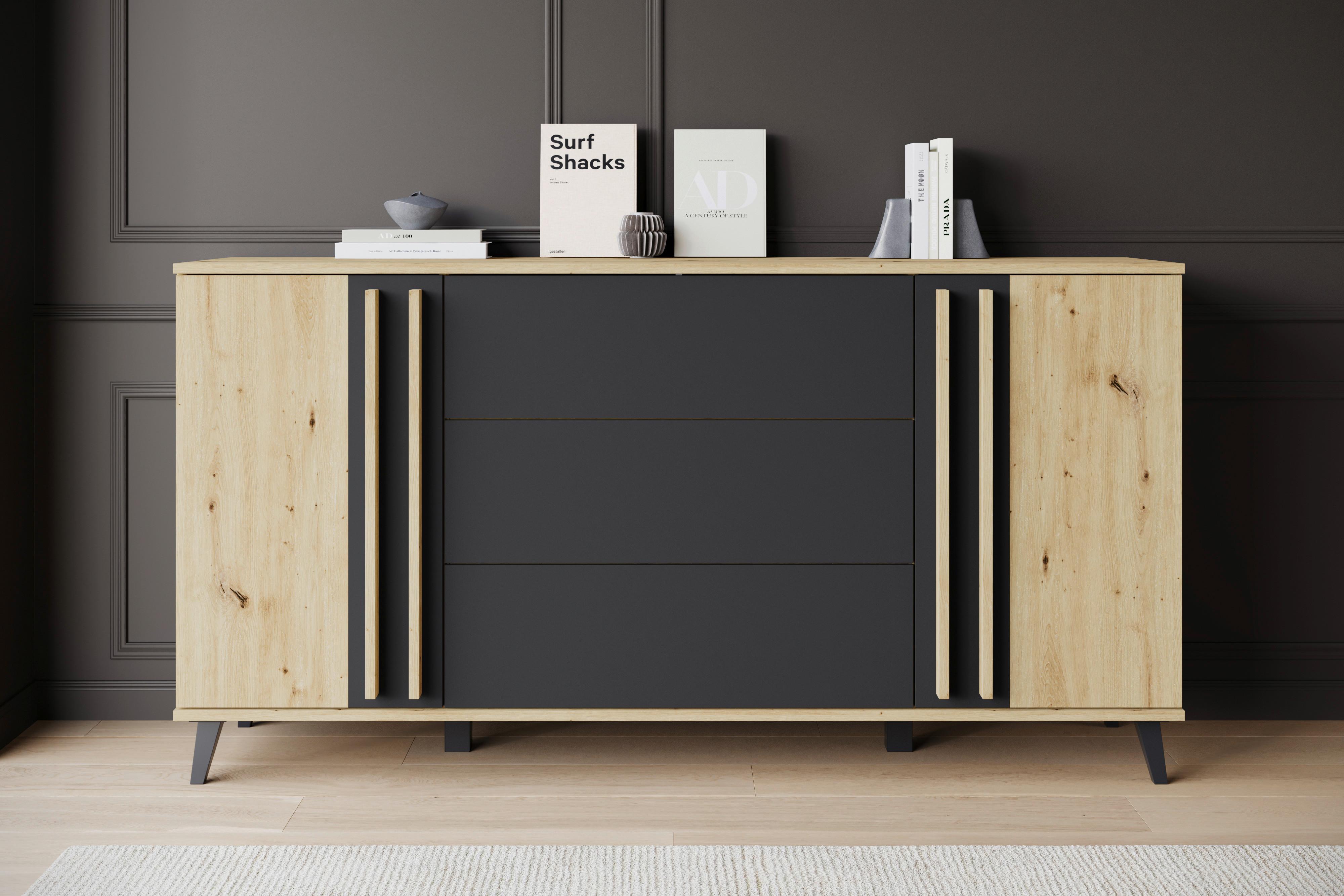 ŠIROKÁ KOMODA HELSINKI 150 - čierna/dub artisan, Trend, kompozitné drevo/plast (150/77,8/39,5cm)
