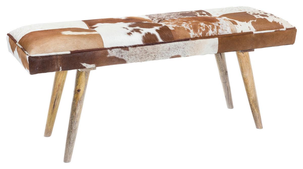 Lavice hnědá - bílá/hnědá, Natur, dřevo/kožešina (120/52/40cm) - MID.YOU